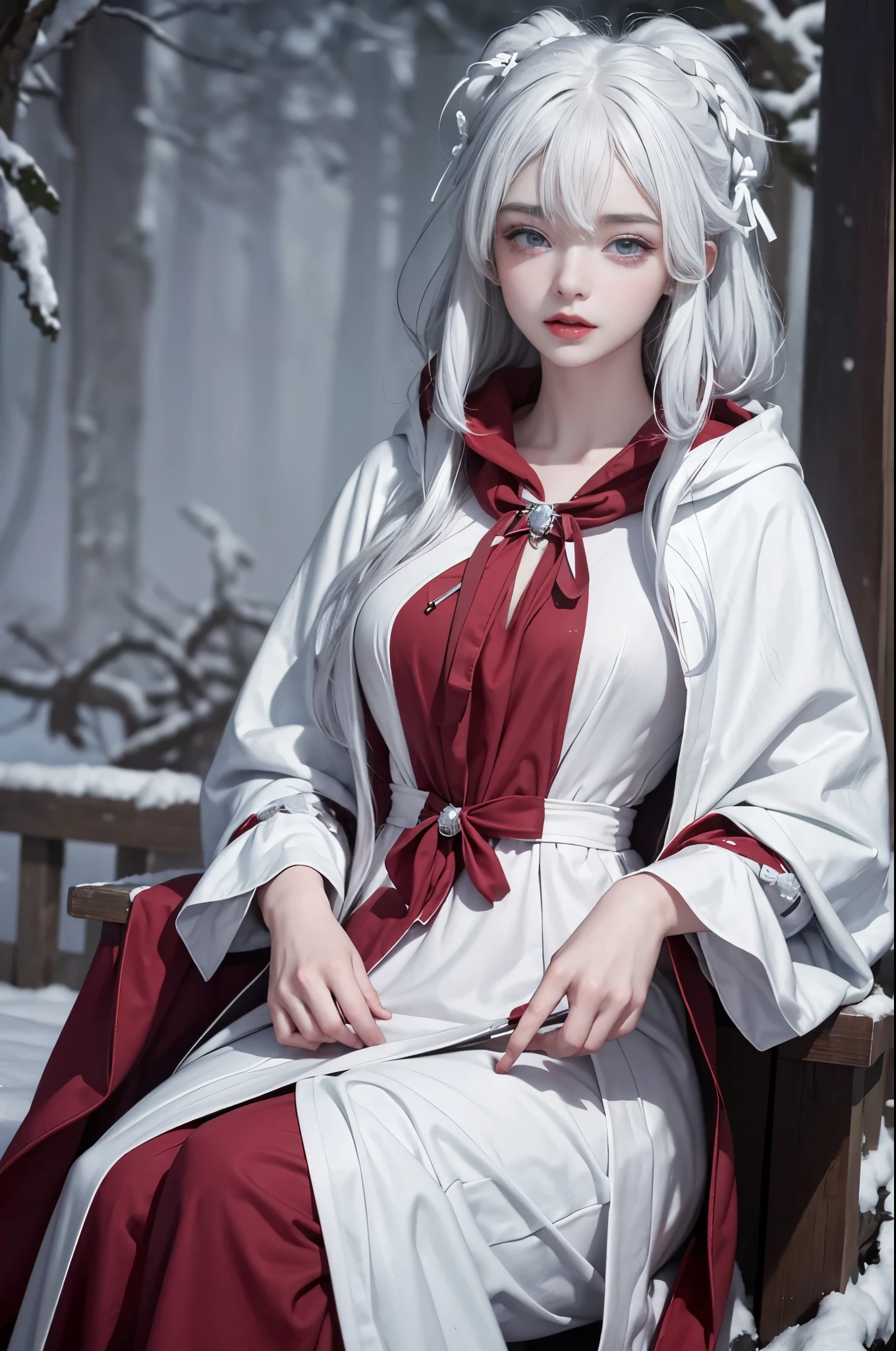 (8K),realistically, A high resolution, 1 Women, Alone,(Lolita costume), pretty eyes, White hair, eye socket, (sitted,Raw edge red cloak,blanketed in a mantle of snow),