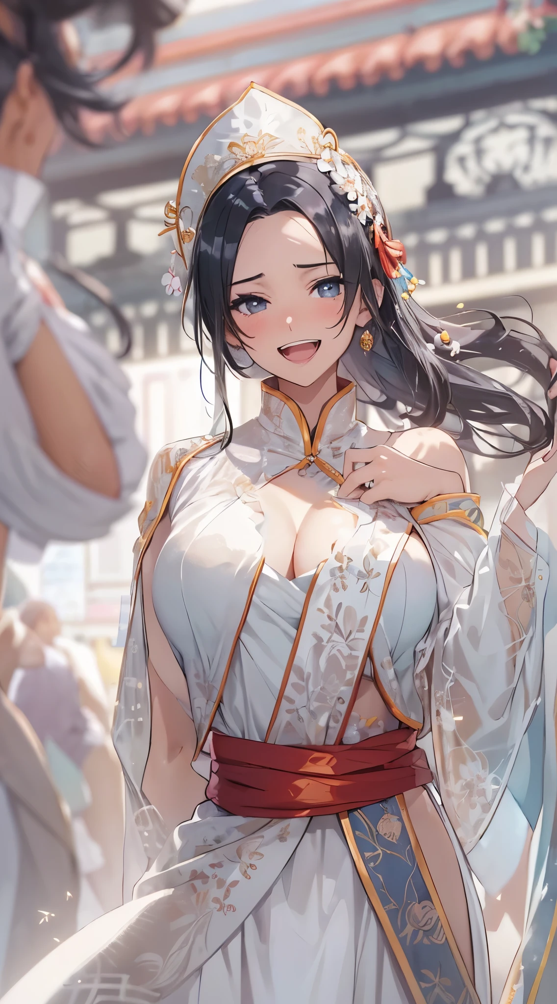 1womanl,Black hair,years ,(()),Beautiful breasts,(((sexy white shiny cheongsam)))(())(((Blushing cheeks、Smile with open mouth)),(((Satin Narico))),((( portlate))),Crowds,White china clothes