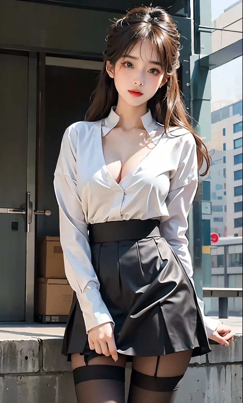 ulzzang-6500-v1.1, (RAW photogr:1.2), (realisticlying:1.4), Beautiful Meticulous Girl, The is very detailed eyes and face, 美丽细致的眼睛, absurd res, incredibly absurd res, The file size is huge, 超詳細, A high resolution, The is very detailed, Best quality at best, tmasterpiece, ((Fashion clothing,Diverse colors)), illustratio, The is very detailed, CG, unified, 8k wallpaper, Amazing Cleavage, finedetail, tmasterpiece ,Best quality at best, The is very detailed CG uniform 8k wallpaper, There is light on the face, 电影灯光, 1 girl, 16 yaers old, Long white hair, Lateral fissures), (Cap cap)), (eye glass), ((dynamicposes))), ((a sexy pose))), (Camel toes), (halfway), (lacepantyhose)), ((Black hip skirt))