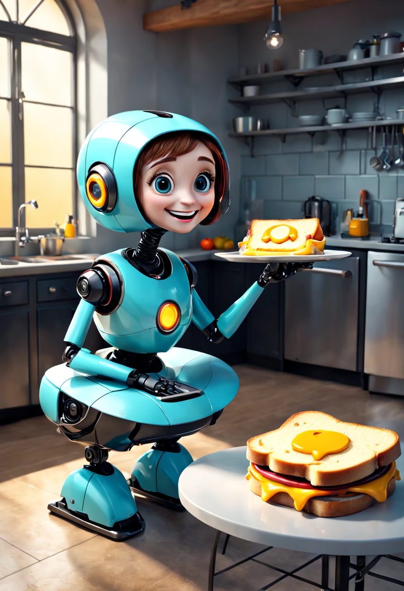 A robot butler named Rosie offers a grilled cheese sandwich to a little seated at the kitchen island. Rosie is designed to look friendly with big, round eyes and a smiling digital face on her screen. The girl laughs, delighted by her new robot friend. Cute, cheerful moment. Pixar, Disney, concept art, 3d digital art, Maya 3D, ZBrush Central 3D shading, bright colored background, radial gradient background, cinematic, Reimagined by industrial light and magic, 4k resolution post processing