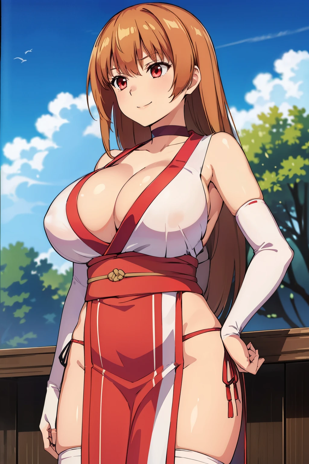 best quality, high resolution, best quality, high resolution, (huge breasts:1.2), sky, from below, 1girl, kasumi, white tunic, pelvic curtain, pink obi, cleavage, bridal gauntlets, elbow gloves, red choker, (looking away), smile