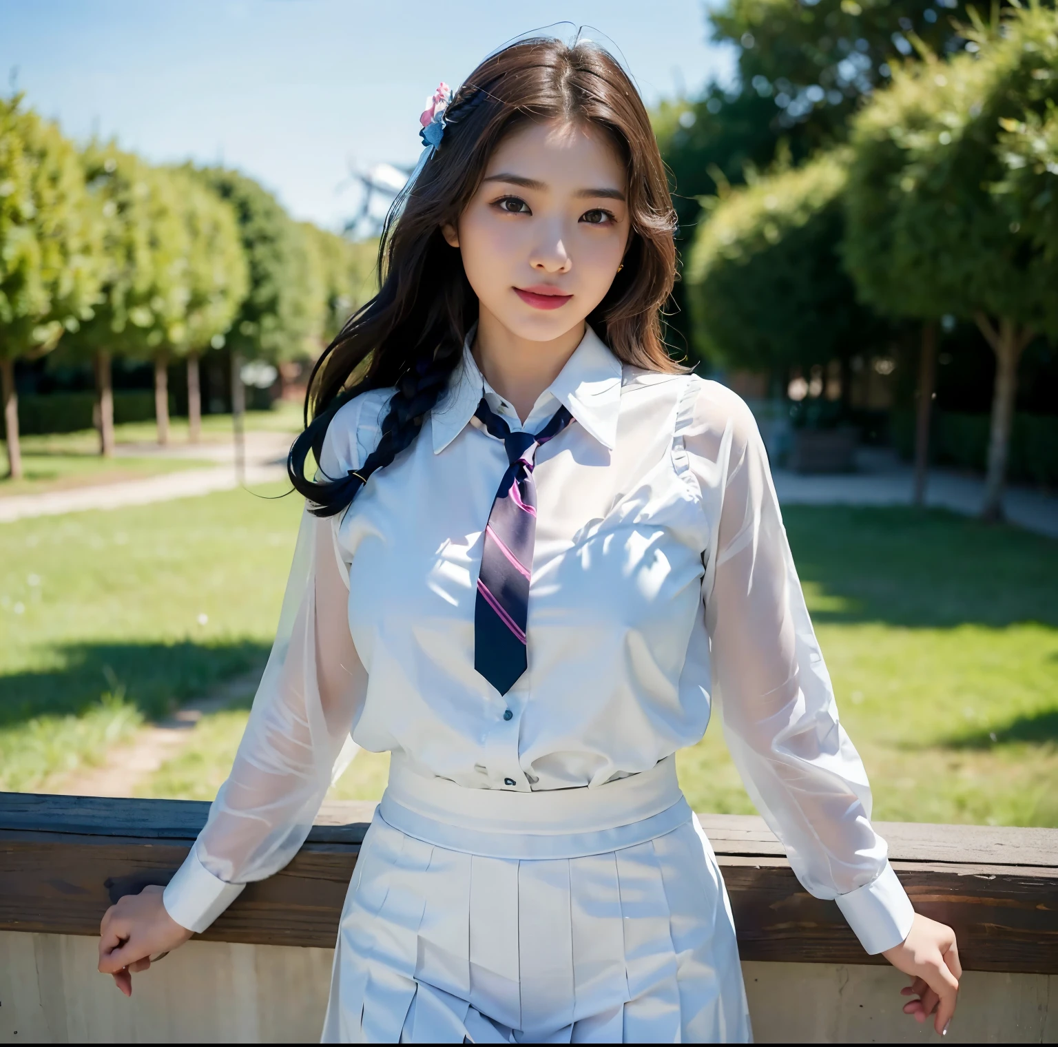 (Highest quality、Ultra-high resolution、8k、masterpiece:1.3)、Beautiful woman with perfect figure:1.4、Black Hair、(((((School Uniform))))、Big eyes、派手な、(high school girl)、(Navy blue pleated skirt)、Ultra mini skirt、A beautiful woman、Schoolカバン、Highly detailed face and skin、Detailed eyes、Shiny thighs、double eyelid、Thin legs、The best smile、(((1people)))、Beautiful views、School、、beautiful place、The best smile、Extraordinary beauty、Age: 16、Perfect Proportions、whole body、((blue sky))、Baby Face、Touch your hair with your hands、The wind is blowing、((Sit on the ground))、wave hands、(I can see her panties:1.8)、White panties、(スカートの間からI can see her panties:1.5)、Spread your legs wide to the left and right、White panties、Panty shot