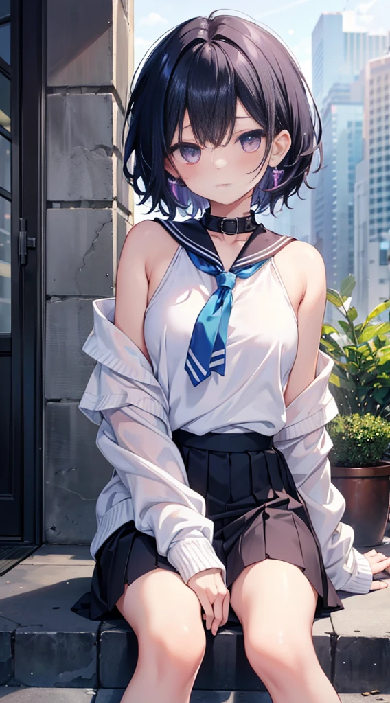 best quality, ultra precision, 1girl, cute, little girl, young, boyish, childish, Medium breasts, black hair, messy hair, blue short hair, A little, purple eyes, beautiful eyes, girl, ecstasy, sailor collar, estrus, metestrus, start to undress, naughty mood, she loves you, lost virgin, virgin, blush, sexy, beautiful skin, big bow on chest, BLUE SWEATER, WHITE SHIRT, SHIRT UNDER SWEATER, OFF SHOULDER TOP) TSUNDERE 15 YEARS old, Short black skirt, sexy pose Sit on the stairs earring