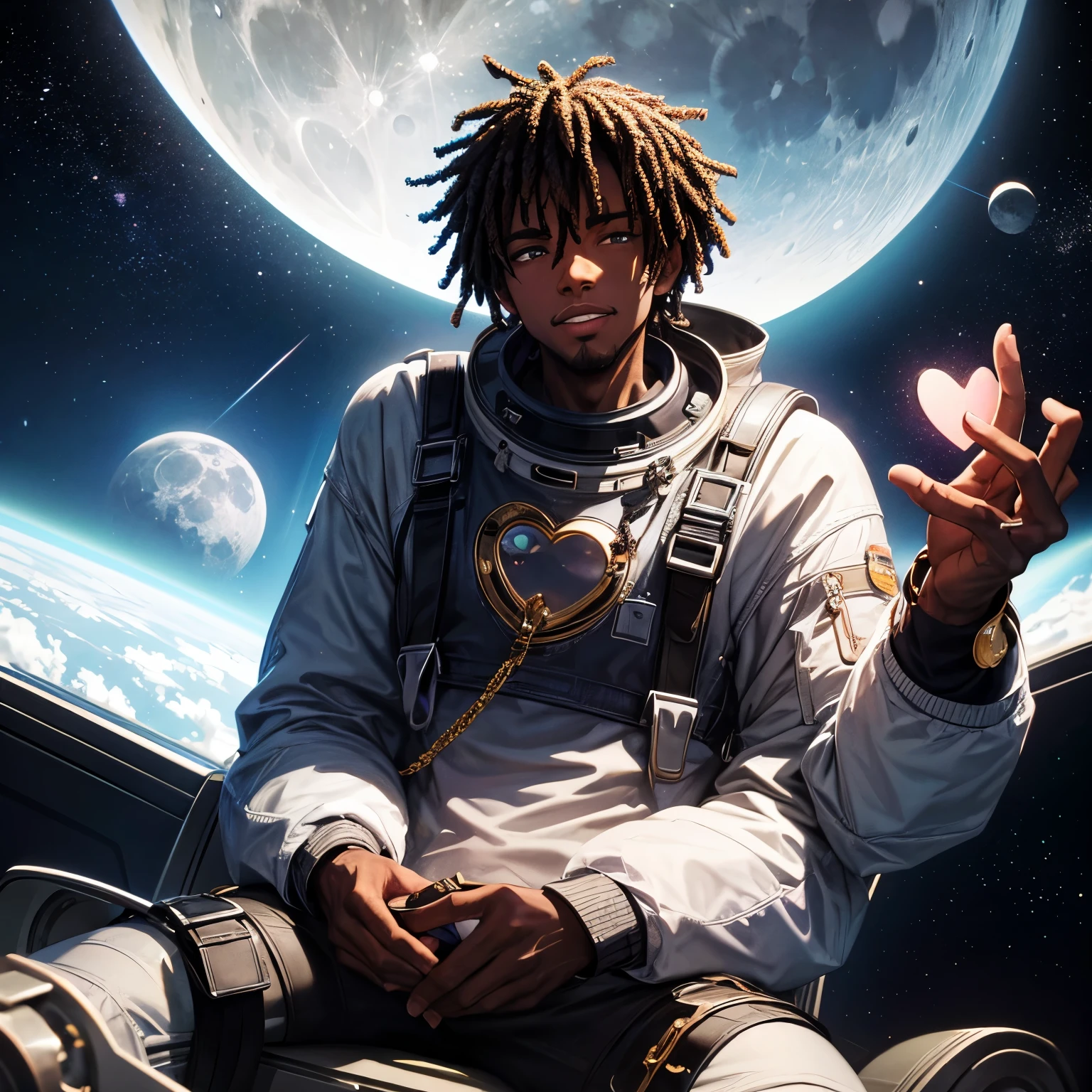 Black man with grills sitting on a heart in space with the moon gazing into his soul