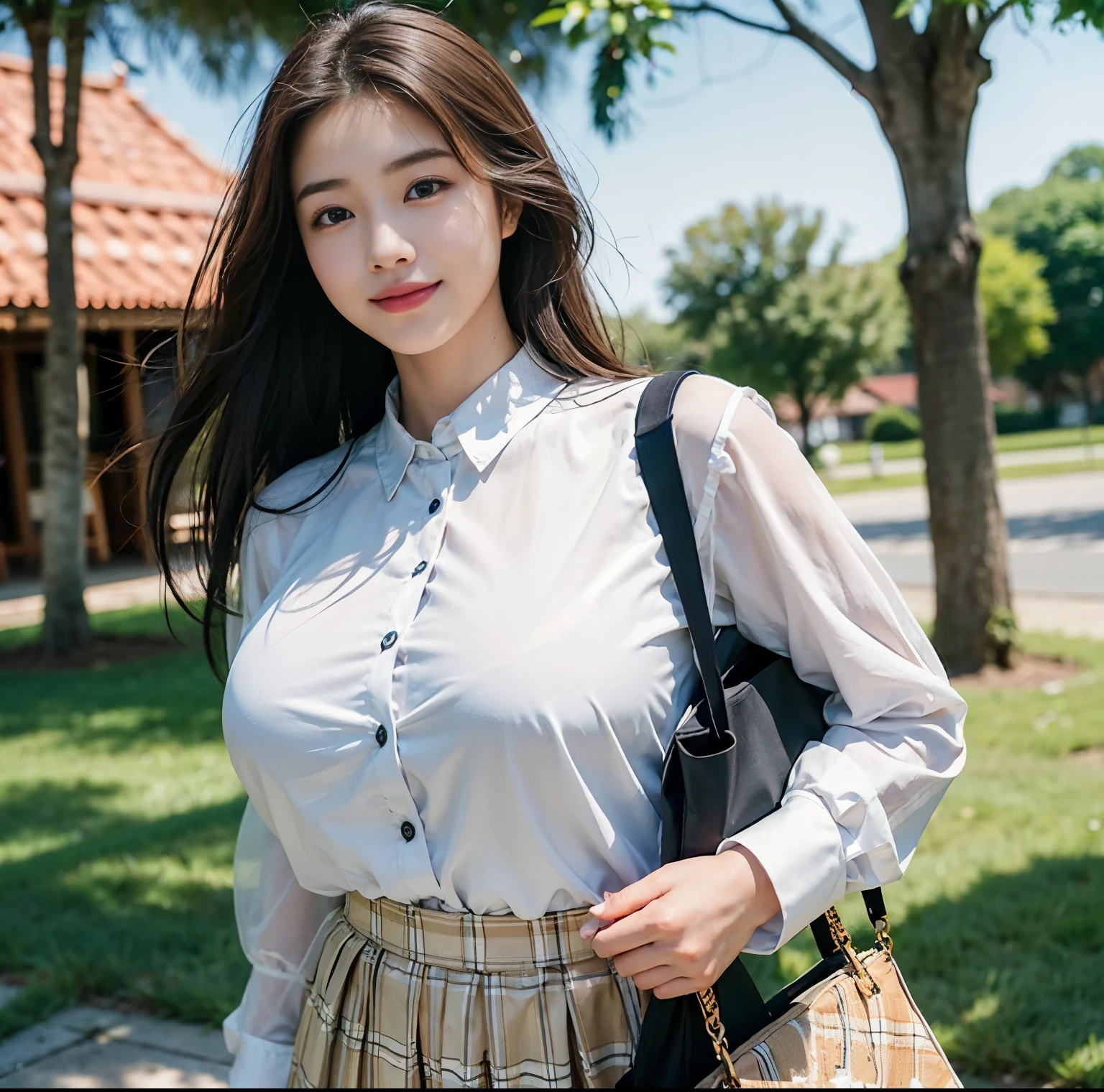 RAW, 1girl, solo, colorful, (masterpiece, best quality:1.3), (absurdres:1.3), (photorealistic:1.3), (detailed skin:1.3, detailed face:1.3), sitting, looking at viewer,
sharp focus, delicate, (beautiful cute korean_girl:1.3), (ulzzang-6500:0.2),
(huge breasts:1.3, thick thighs:1.2, narrow :1.1),
(shiny skin:1.4), light smile,
(black_very_long_twintails:1.3),(big_eyes:1.2, brown_eyes), (brown_gloss_eyeshadow:1.2), pink_lips,
white frilled shirt, beige_suspender skirt / black_pantyhose,
willow, wooden bench, flower, grass, lake, (cloudy sky:1.3), (rain:0.5),