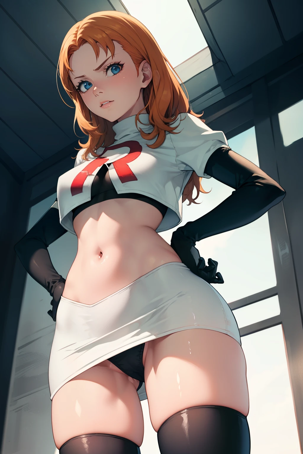 annette_war ,glossy lips, light makeup ,team rocket,team rocket uniform, red letter R, white skirt,white crop top,black thigh-high boots, black elbow gloves, sinister villianess look, looking down on viewer, hands on hips, pantie shot