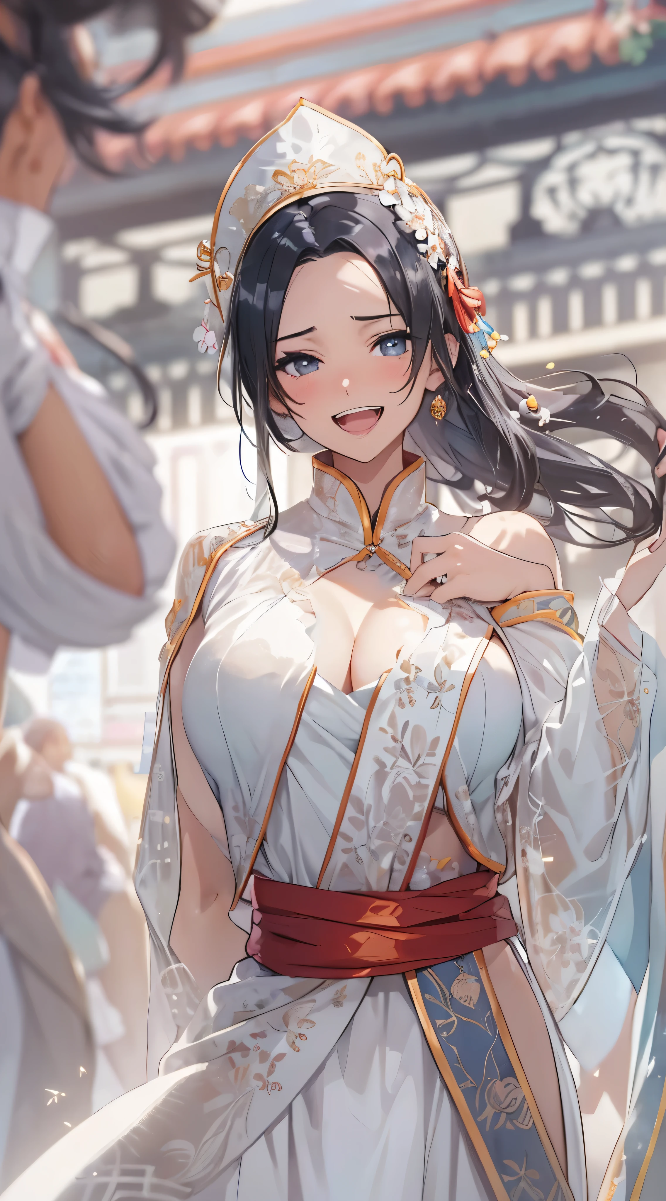 1womanl,Black hair,14years ,(()),Beautiful breasts,(((sexy white shiny cheongsam)))(())(((Blushing cheeks、Smile with open mouth)),(((Satin Narico))),((( portlate))),Crowds,white ceramic dress