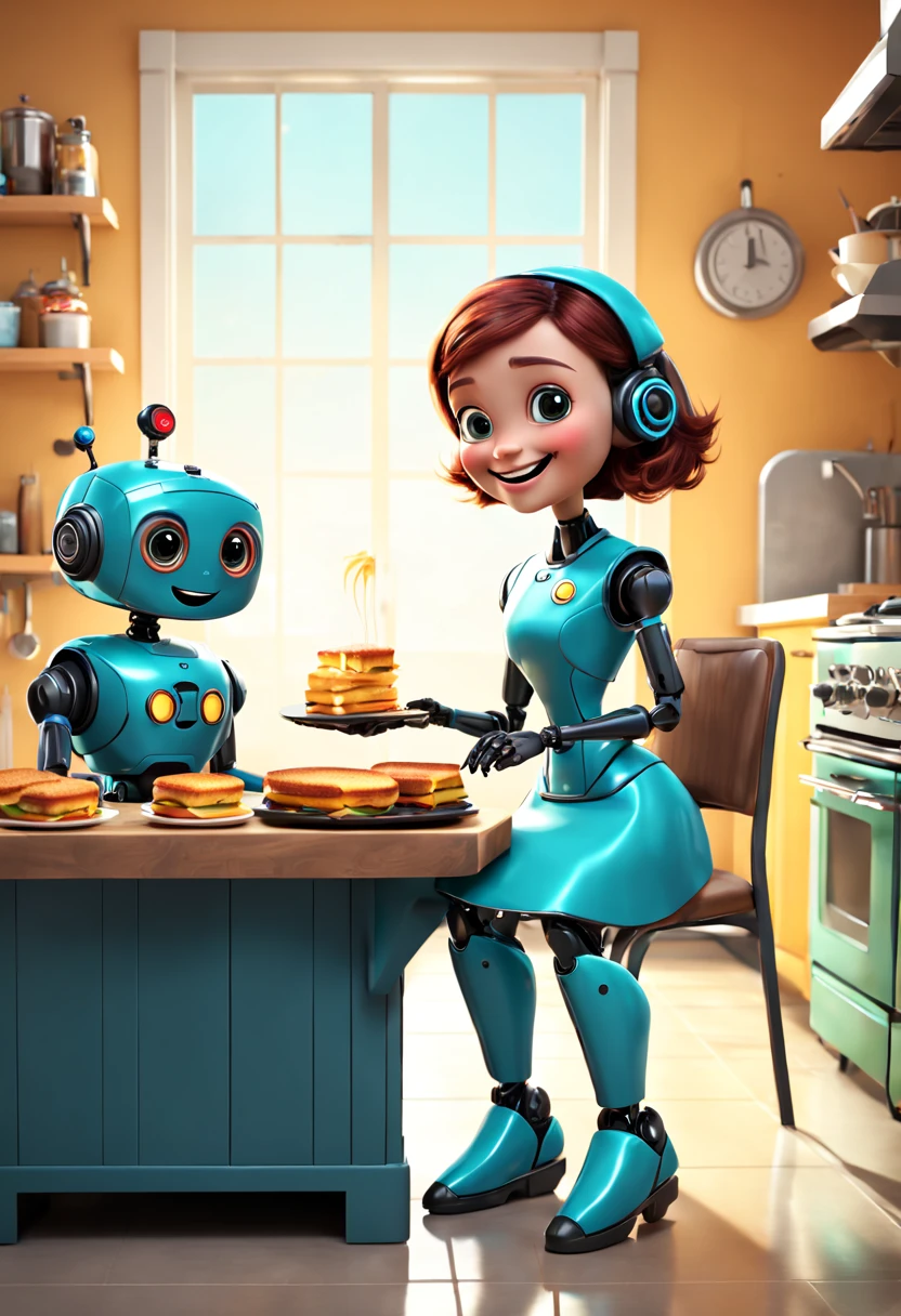 A robot butler named Rosie offers a grilled cheese sandwich to a little seated at the kitchen island. Rosie is designed to look friendly with big, round eyes and a smiling digital face on her screen. The girl laughs, delighted by her new robot friend. Cute, cheerful moment. Pixar, Disney, concept art, 3d digital art, Maya 3D, ZBrush Central 3D shading, bright colored background, radial gradient background, cinematic, Reimagined by industrial light and magic, 4k resolution post processing
