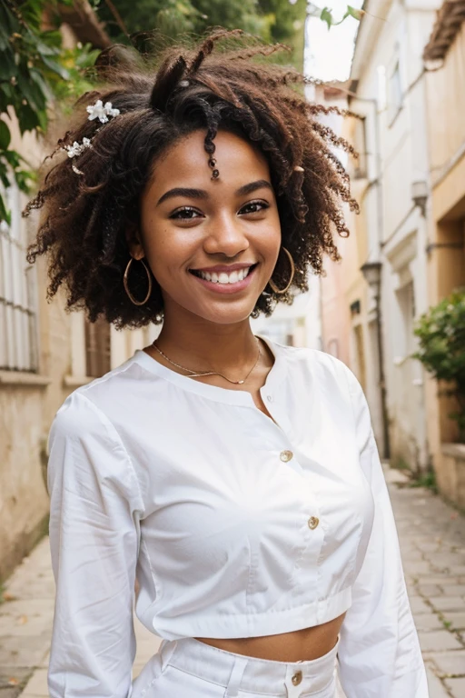 20 year old girl with afro white blouse smiling a lot white teeth