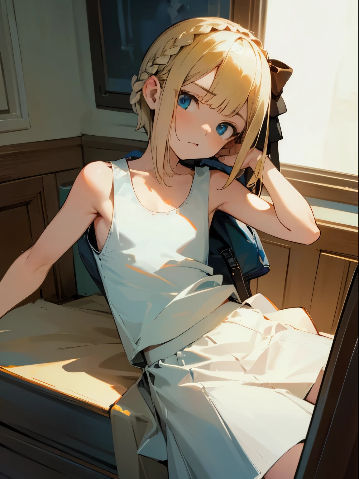 Reines, 1girl, high quality, best quality, illustration, masterpiece, (highly detailed:1.2), (extremely detailed:1.3), flat chest, white tank top, young girl, ribbon, school skirt, braid, petite, loli, in a house, short hair, wearing mini backpack, sweaty