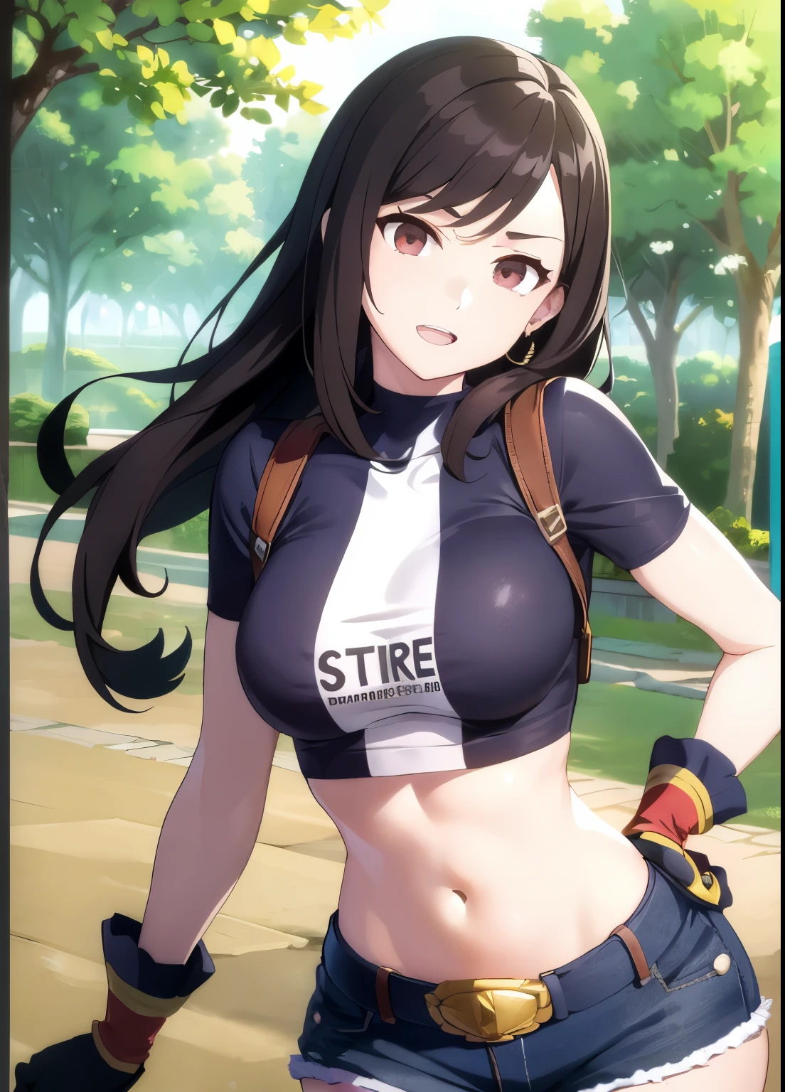 LWA tifa lockhart, 1girl, thick labios, Brazo en alto, Axilas, Nombre del artista, beltt, brown-hair, senos, brown eyes, escote, boca cerrada, 鎖骨, Disparo de vaquero, Recortar arriba, Pendientes, elbow Guantes, Coderas, Guantes, jewely, large senos, labios, Cabello largo, low-tied Cabello largo, diafragma, ombligo, un ojo cerrado, al aire libre, falda, They are smiling, solamente, stomach, tirantes, Camiseta, Parte superior del cuerpo, ((Obra maestra))