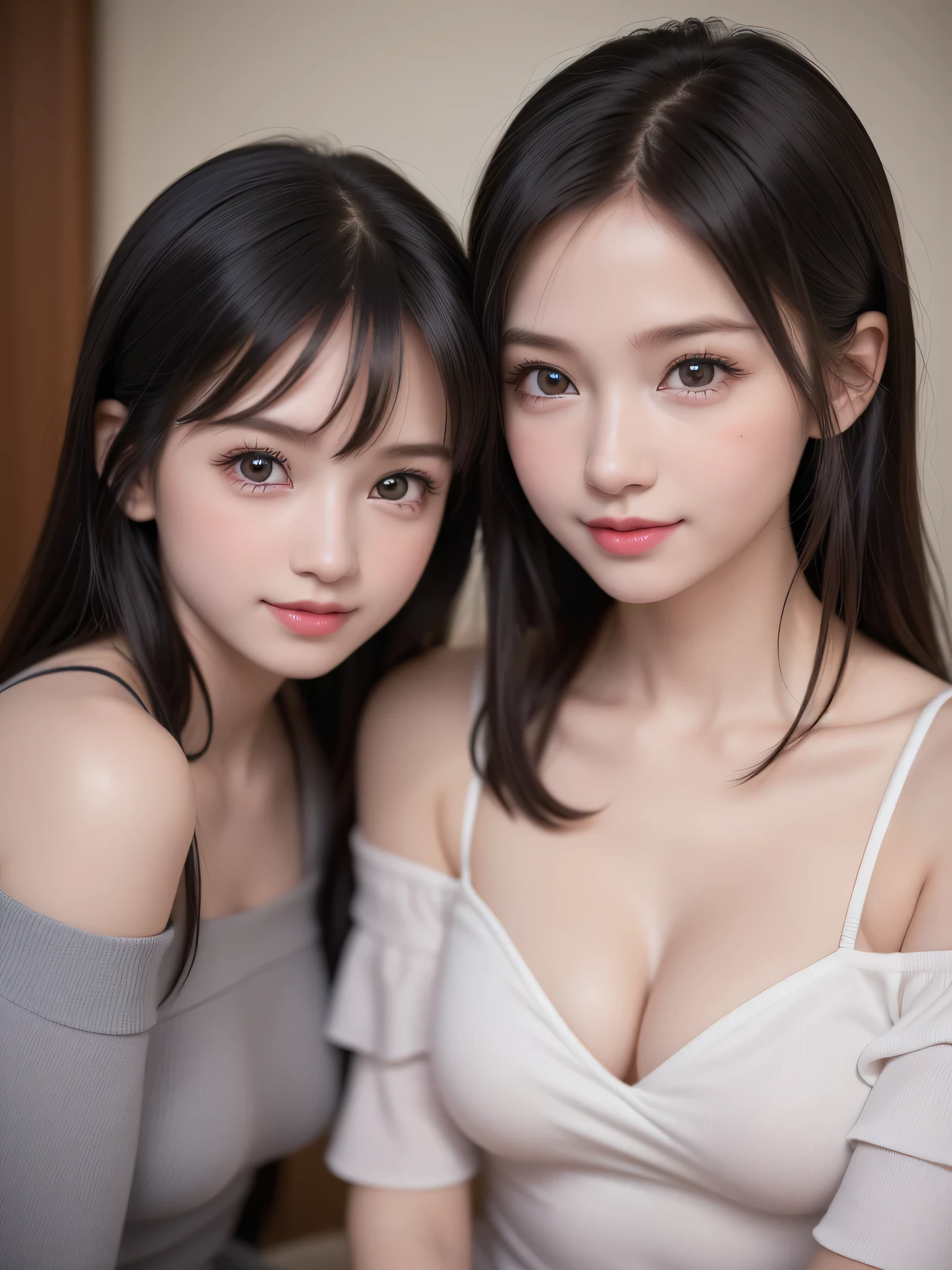 ((2 s:1.3)), (Ultra Realistic, hight resolution), (Highly detailed eyes, Highly detailed hair, Highly detailed face, Highly detailed plump lips), (off shoulder with open breasts), breasts, Upper body, Search Smile, (Best Quality:1.4), Raw photo, (Realistic, photo-Realistic:1.37), Professional Photography, Cinematic Light, (Fine face: 1.2), stuffed toy,