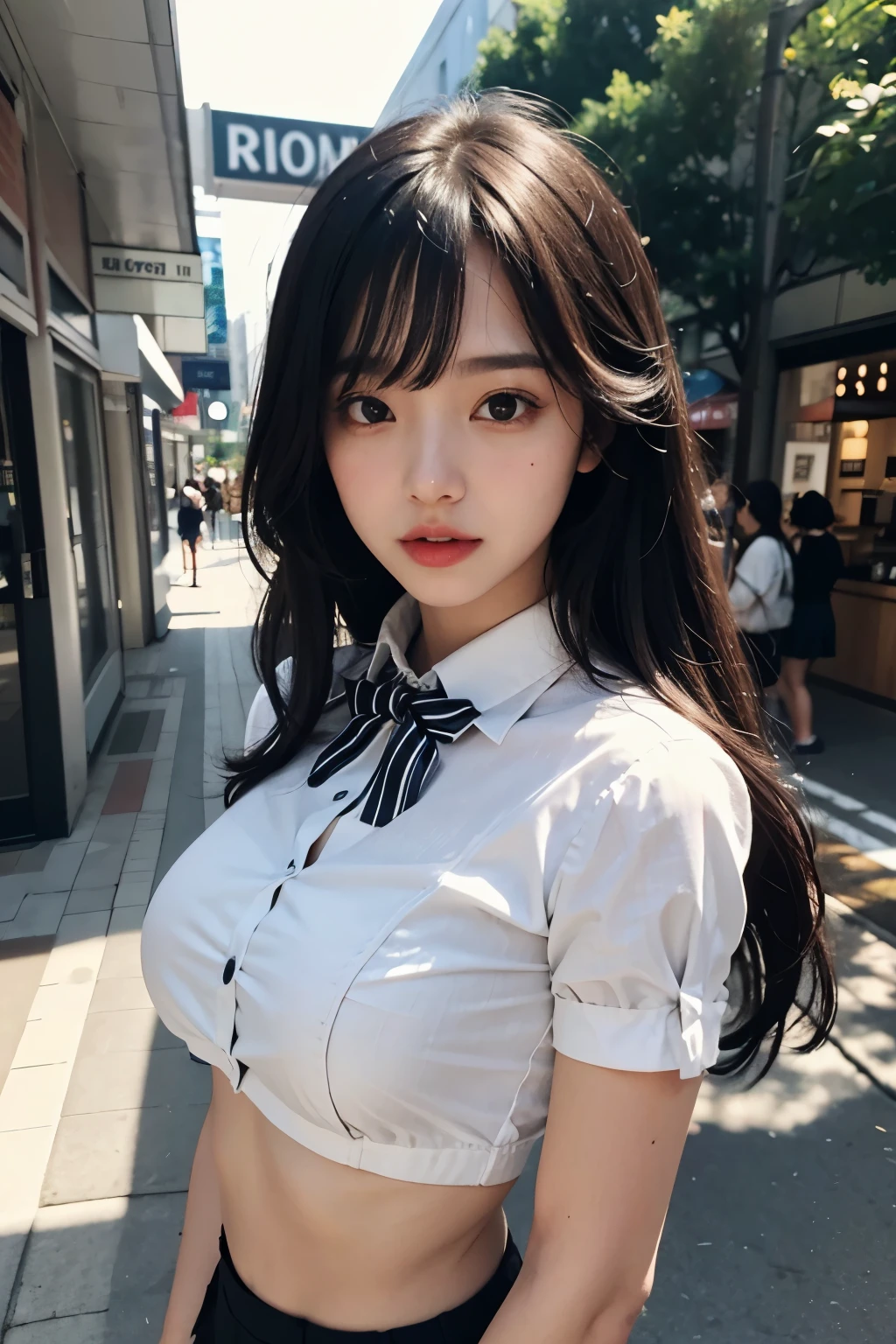 (Original photography、best qualityer)、(of a real、フォトリアリスティック:1.2)、Close-up portrait photography、A 1 girl、Rooftop cafe in shopping mall、En plein air、Cool face、(highdetailskin:1.4)、ornate hair、Black hair with air bangs、White transparent shirt and bow tie、Bright red pleated skirt、gentlesoftlighting、high high quality、((hugeunderboob))