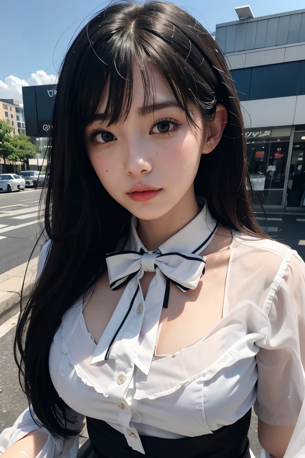 (Original photography、best qualityer)、(of a real、フォトリアリスティック:1.2)、Close-up portrait photography、A 1 girl、Rooftop cafe in shopping mall、En plein air、Cool face、(highdetailskin:1.4)、ornate hair、Black hair with air bangs、White transparent shirt and bow tie、Bright red pleated skirt、gentlesoftlighting、high high quality、((hugeunderboob))