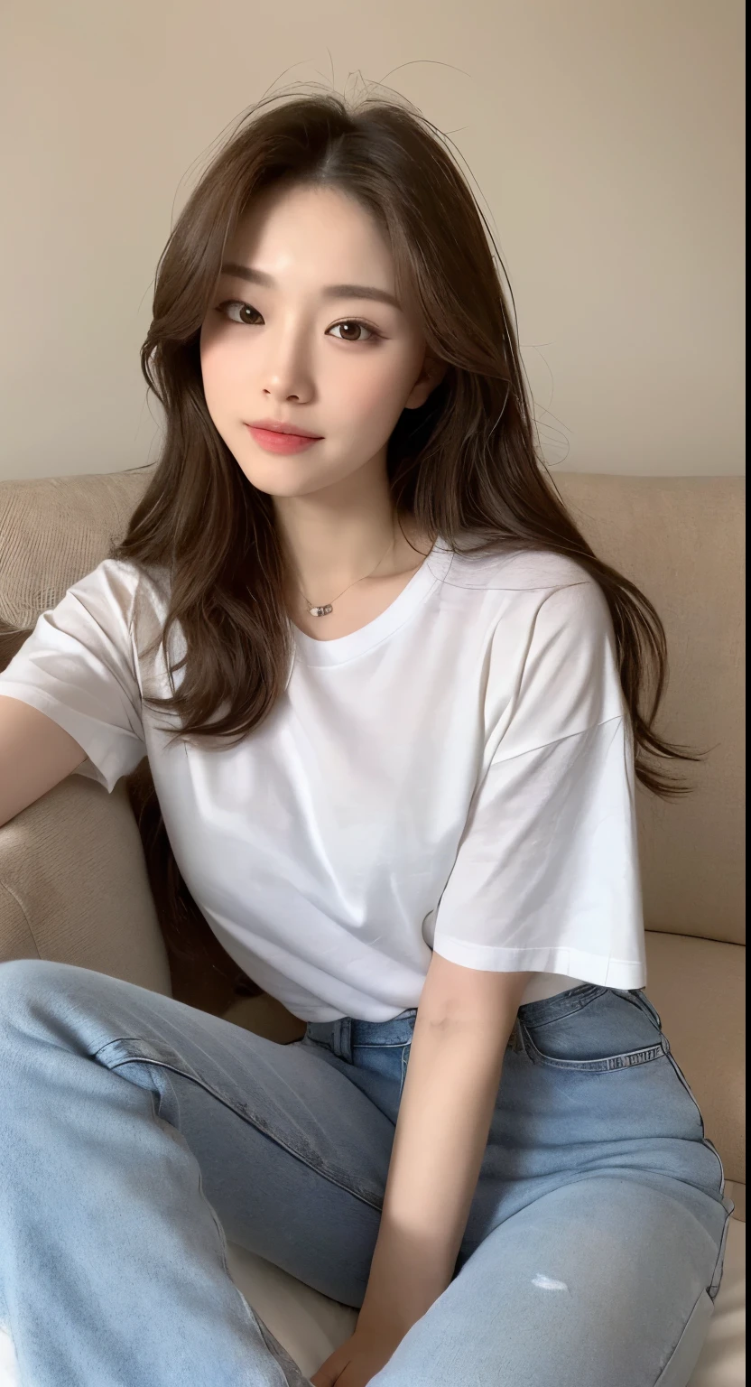 ((Best Quality, 8k, Masterpiece:1.3)), Focus, Perfect Body Beauty, ((Delicate Hair), Highly detailed face and skin texture, Detailed eyes, Double eyelids, whitening skin, a slight smile, (bedroom), (sitting on the couch), (wearing a white oversize tee with jeans), full body