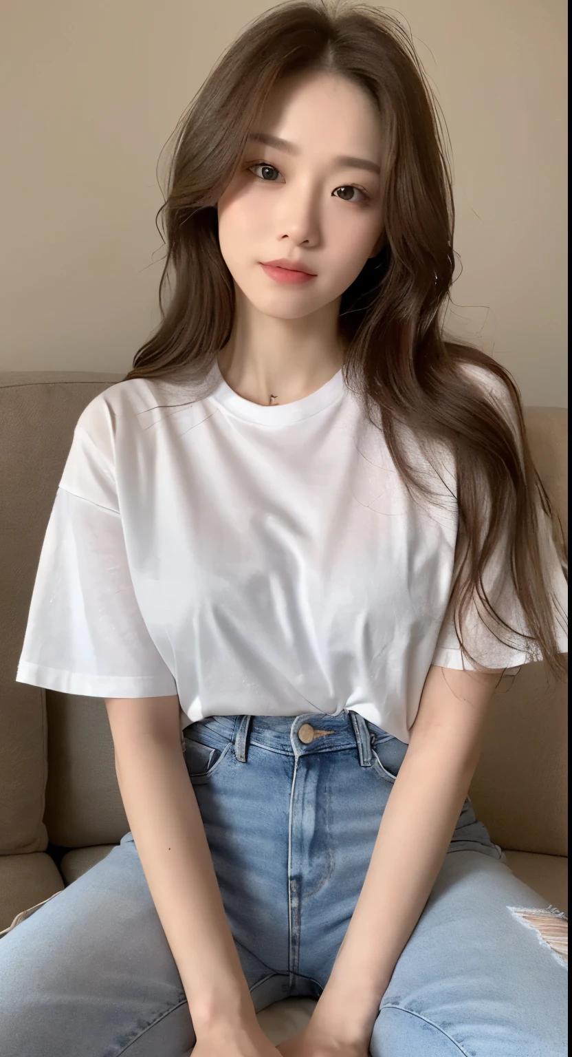 ((Best Quality, 8k, Masterpiece:1.3)), Focus, Perfect Body Beauty, ((Delicate Hair), Highly detailed face and skin texture, Detailed eyes, Double eyelids, whitening skin, a slight smile, (bedroom), (sitting on the couch), (wearing a white oversize tee with jeans), full body