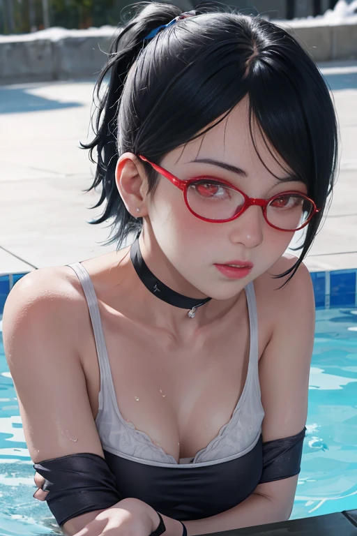 Japanese Idols　Mature Woman　Large Breasts　((Wearing a black string bikini))　((Her lower body is covered only by black stockings...))　(Slender body)　((Protruding nipples))　((Short black pixie hair))　((Wear rimless glasses))　((While gazing at the beautiful starry sky and the big moon))((By the pool))　Sweaty　((Sweat flows down))　((Genitals visible through wet stockings))　((Plump lips with bright red lipstick))　((Eyes meet))　Duck mouth　((Watery eye))　((Beautiful sweaty armpits))　((Slippery, Shiny, Wet armpits))　((腋を見せてくるMature Woman))　((Age 35))　((On all fours))