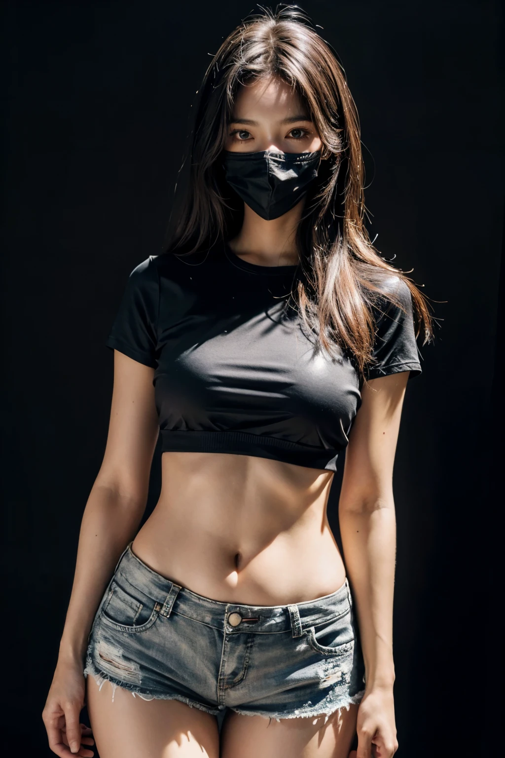 Best Quality, Masterpiece, High Resolution, 8K, (Realistic: 1.4), Ultra High Resolution, 1 Girl, Ultra Detailed, Surreal, Highly Detailed CG Illustration, Official Art, Cinematic Light, Reality, Young Beautiful Girl, Perfect Figure, Perfect Figure, Full View, Perfect Body, (Starting below: 1.3), Mask, Pose, Sexy Long Legs, Confident, Beautiful Sexy, Grey Short Sleeves, Open Abdomen, Black Super Shorts, S-shaped Body, Upturned Hips, Assuming, Posing, Different Perspectives