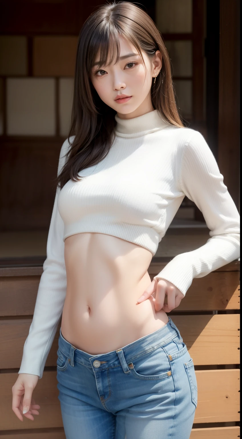 (Masseter muscle film:1.3)、(8K、真实感、Original photography、quality: 1.4)、(1 girl in)、美丽's面容、(栩栩如生's脸)、(一个黑发's、长's)、
美丽's发型、真实's眼睛美丽's细节、(真实's皮肤)、美丽's皮肤、hoang lap、's、超高分辨率、超现实's、high detal、the golden ratio、
((wide Open the abdomen))、((Open the abdomen))、((wide open belly button))、((open belly button))、((mid length sweater))、((Ultra-low-level、denim short))、
((Navel ejection))、((small-sized buttocks))、((长's limbull body depiction))、((small-sized buttocks))、(长's boots)、((Ultra-low-level))、((denim short))、((standing))、