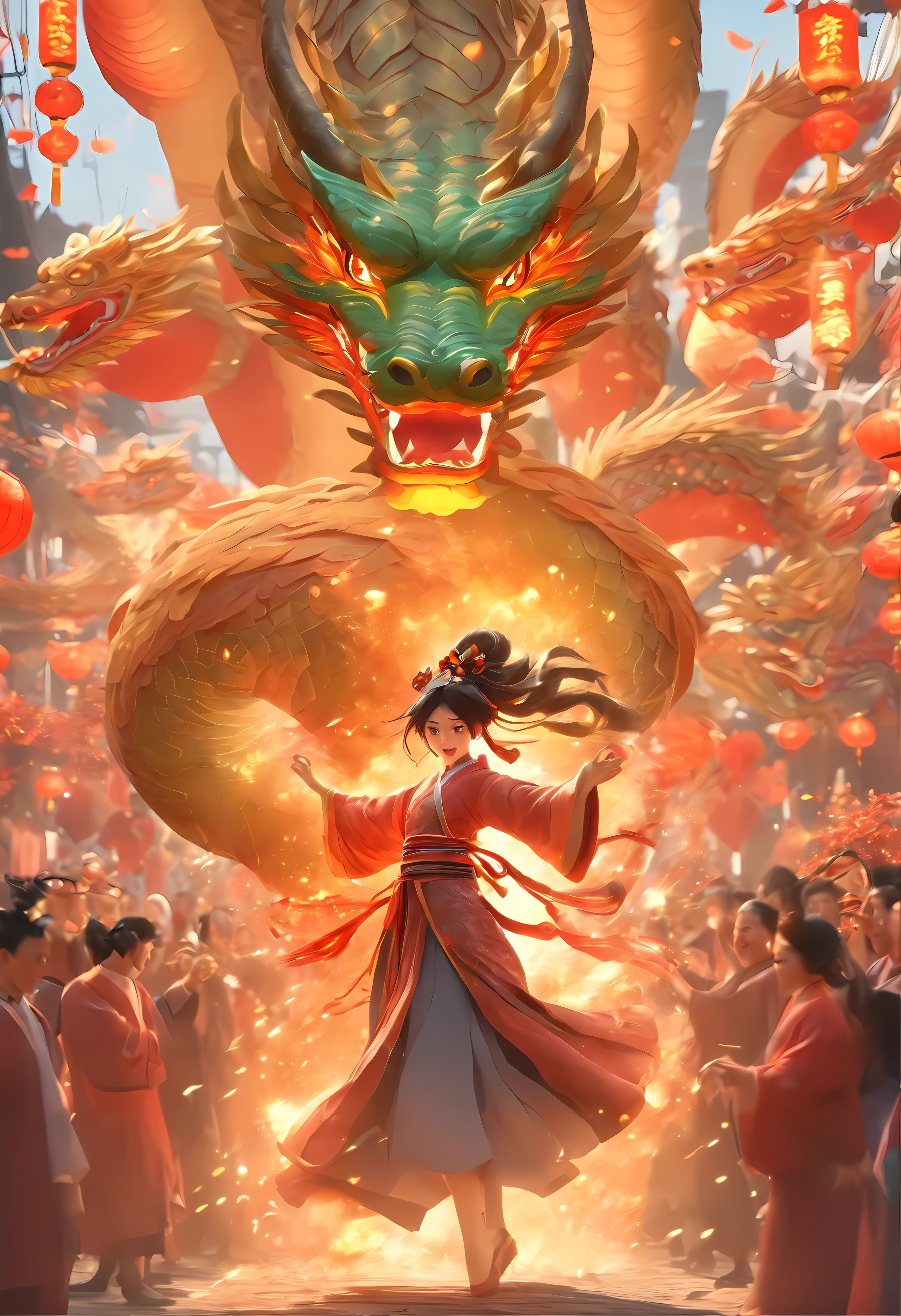 A Beautiful young lady is dancing in tandem with a dragon at the heart of a bustling Chinese New Year parade. Giant dragon puppets snake above, their vibrant colours illuminating the impending martial exchange, firecrackers explode all around, they perform a beautiful dance ritual perfectly synchronised as the crowd watch on, mesmerising dance sequence, breathtakingly beautiful woman, exquisite colour and detail, depth, volumetric light, sub-surface scattering, quixel megascan, absurdres,