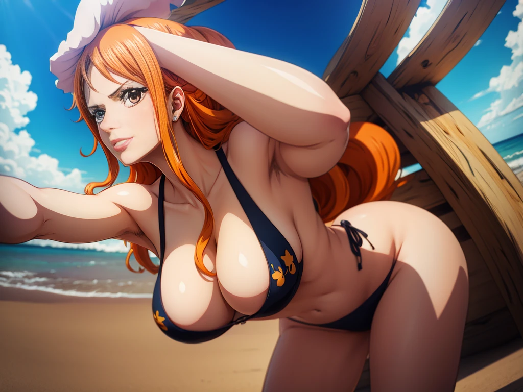 (estilo de arte anime),nami from one piece, olhos castanhos, orange hair, wearing black bikini, sentado na praia, Corar,(NSFW), Back view