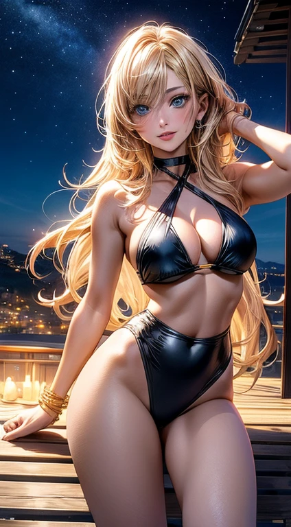 High resolution 8K, Bright light illumination, lens flare, sharpness, masterpiece, top-quality, The ultra - high-definition, high resolution, extremely details CG, Anime style, Film Portrait Photography, 1woman, sexy, arms up, smile, Beautiful Women, full body, (((Blue eyes, Straight hair, Golden hair, Long hair))), woman wearing cross halter black bikini, High-waist Blue bikini, Woman in the night beach, Night sky, (Natural skin texture Vibrant details, hyper realistic)