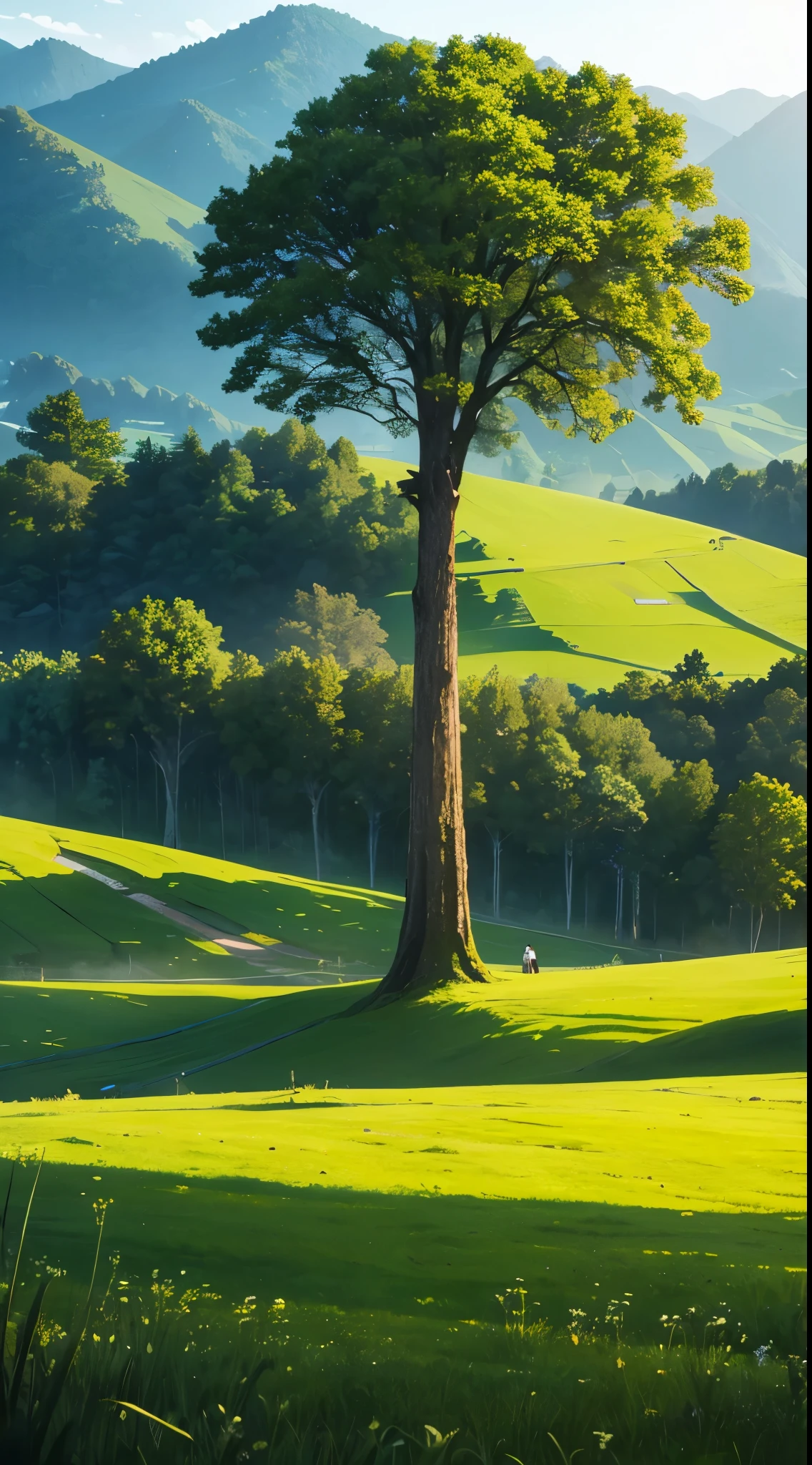 A tall lonely tree in the middle of a green valley