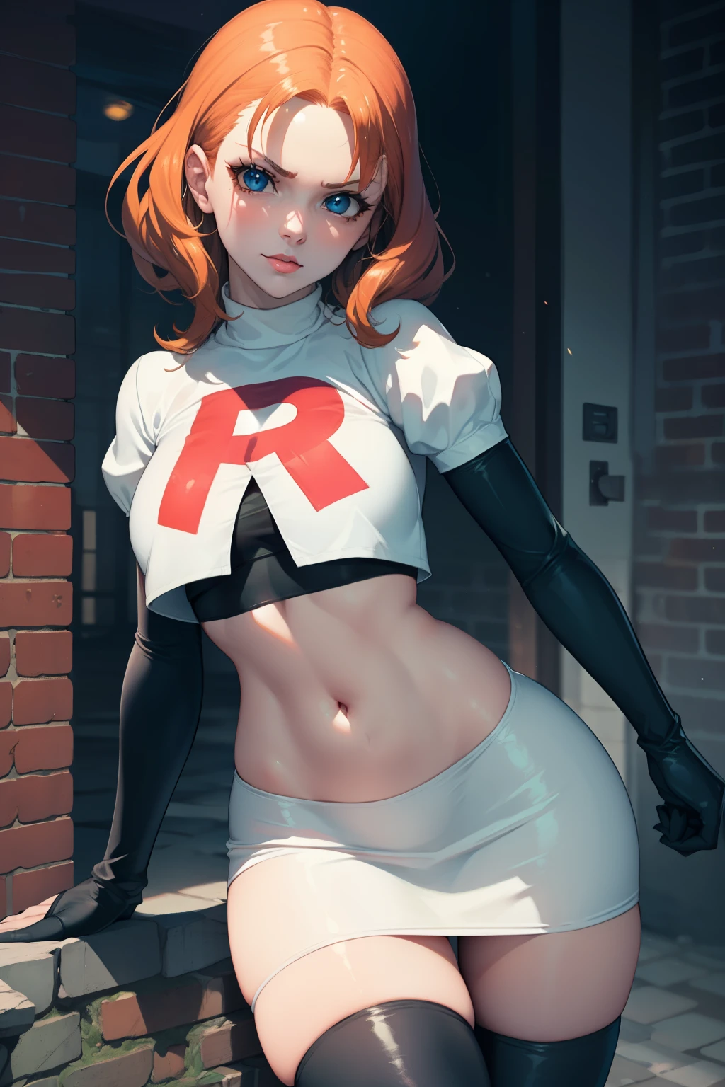 annette_war ,glossy lips, light makeup ,team rocket,team rocket uniform, red letter R, white skirt,white crop top,black thigh-high boots, black elbow gloves, sinister villianess look, sexy pose