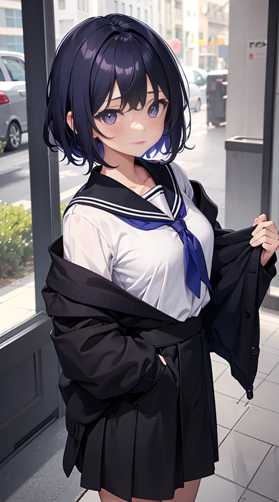 best quality, ultra precision, 1girl, cute, little girl, young, boyish, childish, Medium breasts, black hair, messy hair, blue short hair, A little, purple eyes, beautiful eyes, girl, ecstasy, sailor collar, estrus, metestrus, start to undress, naughty mood, she loves you, lost virgin, virgin, blush, sexy, beautiful skin, big bow on chest, BLUE SWEATER, WHITE SHIRT, SHIRT UNDER SWEATER, OFF SHOULDER TOP) TSUNDERE 15 YEARS old, Short black skirt, sexy pose Sit on the stairs earring