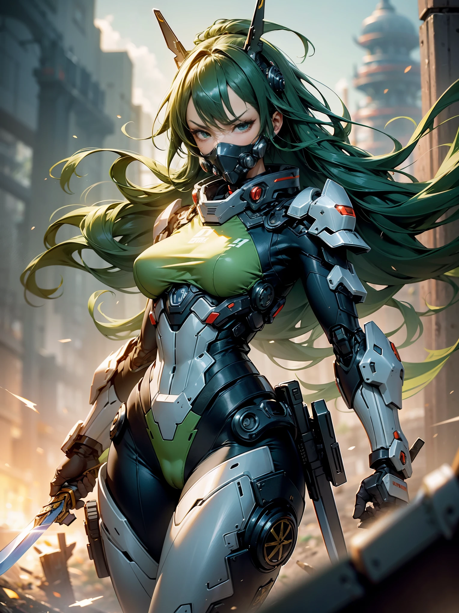 woman wearing ninja armor,(((Holds a sword tinged with wind in the right hand:1.3))),(((He holds a sword tinged with lightning in his left hand.:1.3))),(tactical open face mask:1.3),(green and yellow body:1.5),(sensually:1.4),(large full breasts:1.3),(long legged:1.1),(A detailed eye:1.3),(A detailed face:1.3),(Detailed weapons:1.3),(Detailed body:1.3),(full bodyesbian:1.5),((The background is thunder and wind:1.5)),((blur backgroun:1.3)),逼真,(((masutepiece,Extremely detailed, Heavy mechs, hard surface)))