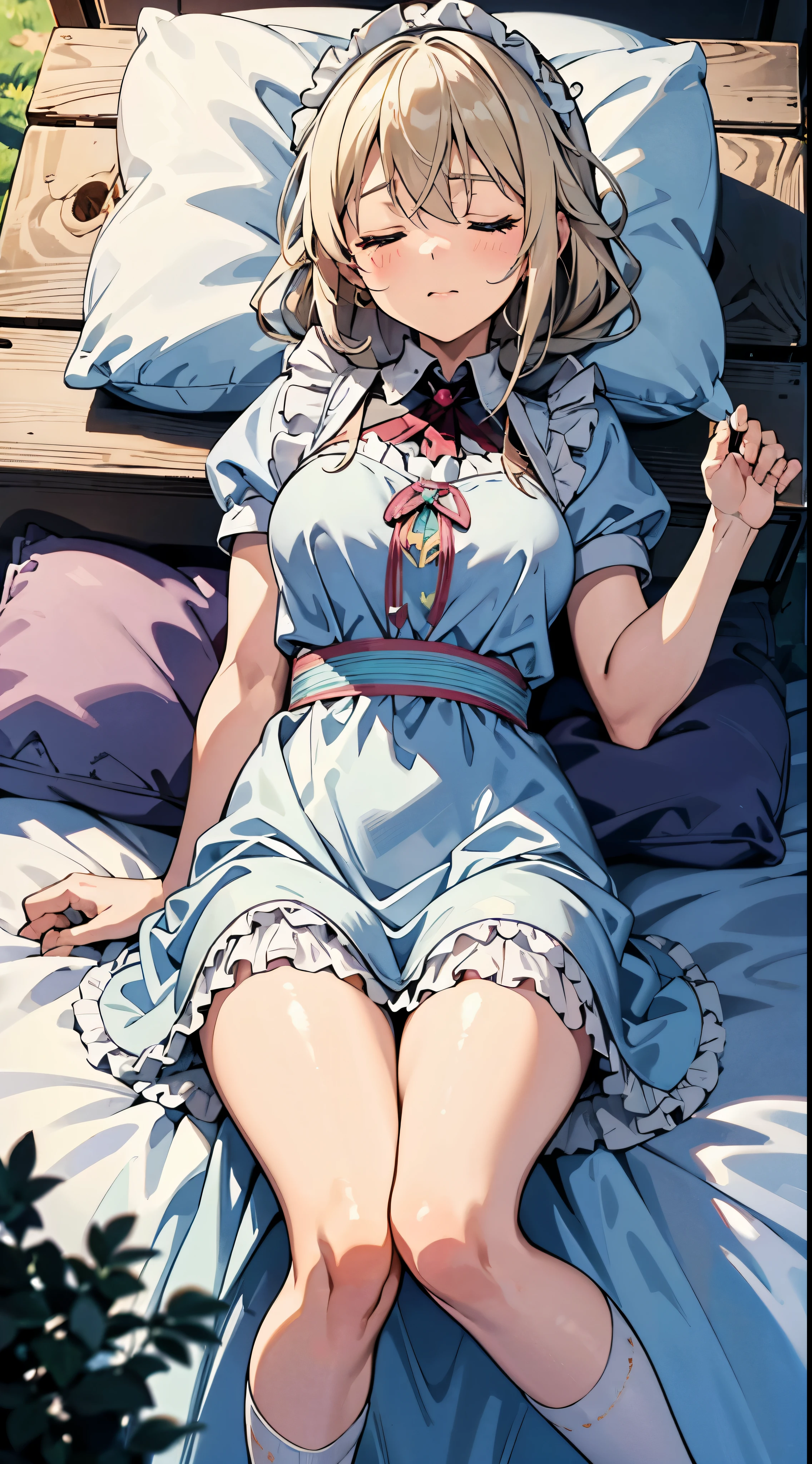anime styled, High definition illustration, Perfect drawing, Anatomically accurate drawing, alice in the wonderland, 森のベッドに横たわっている美しいブロンドのgirl with, ((seminude:1.5)), Curta, A light blue dress with a simple design and frills., Layering white apron dresses,girl withは幸せそうに目を閉じてぐっすり眠っています., girl with'The apron dress or skirt is exposed and the pants are visible.., Rest in peace, morpheus,((sound sleep:1.5)), He opens his mouth slightly and breathes peacefully..,Closing both eyes,Headband with light blue ribbon with white trim, The skirt of the dress is rolled up along with the apron., Expose panties., Cute and defenseless spread legs, Innocent sleeping face, White knee-high socks that reach above the knee, Breast bulge,Her nipple protrusions are slightly visible even through her clothes..,Cute poses