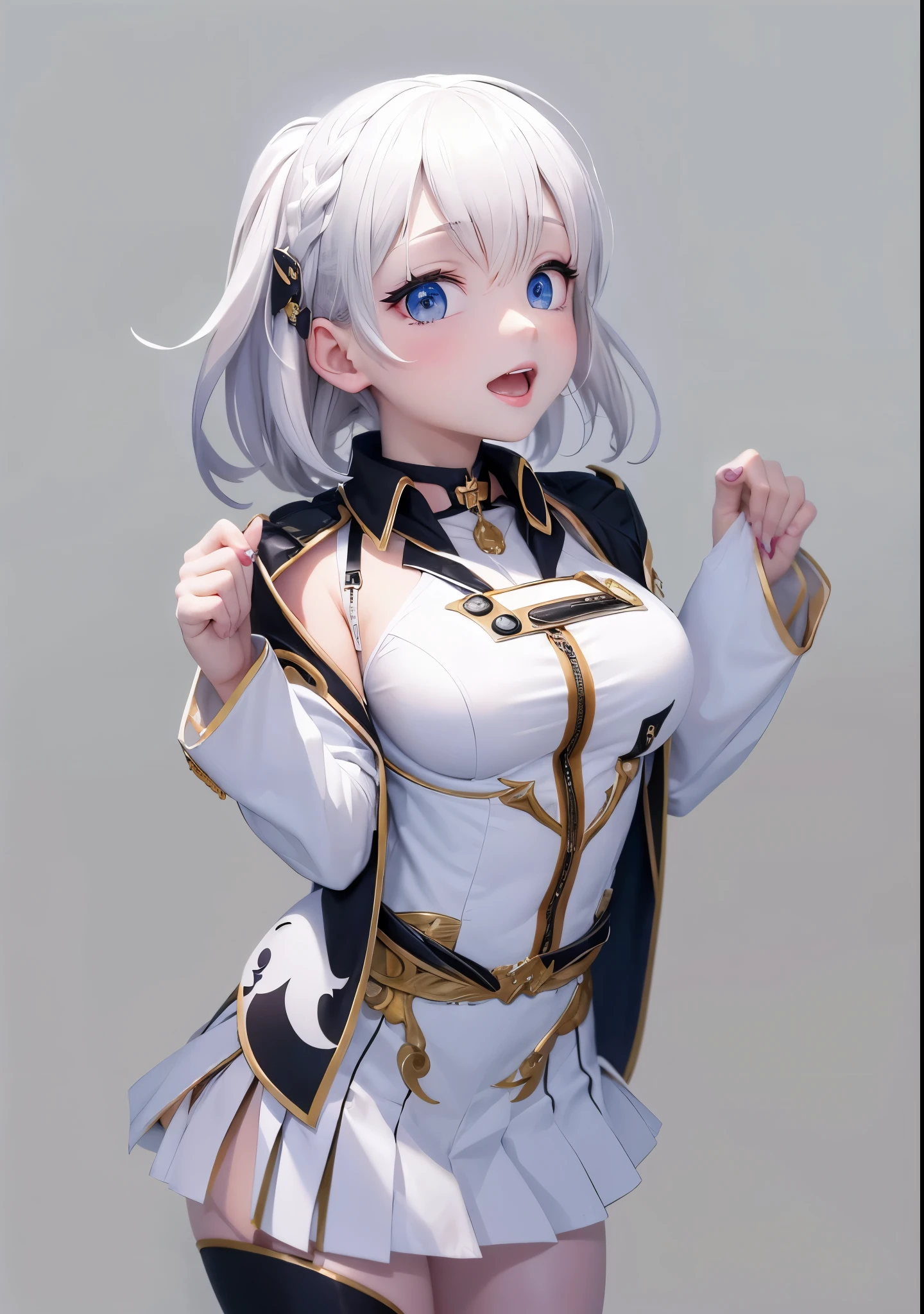 long whitr hair, White hair,long whitr hair, japan manga style , White skin of the, with her mouth open, eBlue eyes, objects on, s delicate face, Precise hands,4K,tmasterpiece,clean backdrop, solid color backdrop