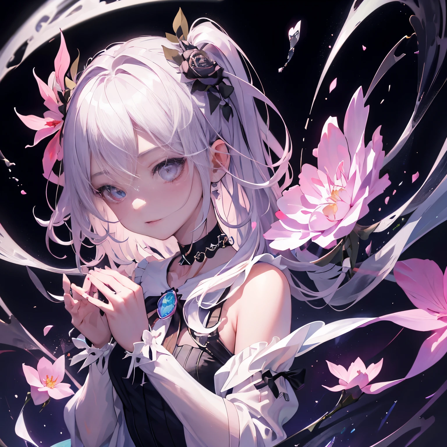 ((1girl in))、Ultra-detailed、Extremely detailed、eye glass、Rose flower、super transparent、聖なるoptic、美しいスペクトルoptic、Glowing petals、Shimmering dark background、透明なoptic滴、反射optic、发optic、opticのストリーミング、optics、portrait silhouette、foco nítido、magia、Convoluted、surrealistic、Fantasia、constitute、optic、Art Station Trend、pearls、Guardian Saint Cloud Silver Vapor、Corrosion Surround Ray Family、8K、Real AR23v4 Upright、Beautuful Women、Heart-shaped choker、Pink twin tail hairstyle、gazing at viewer