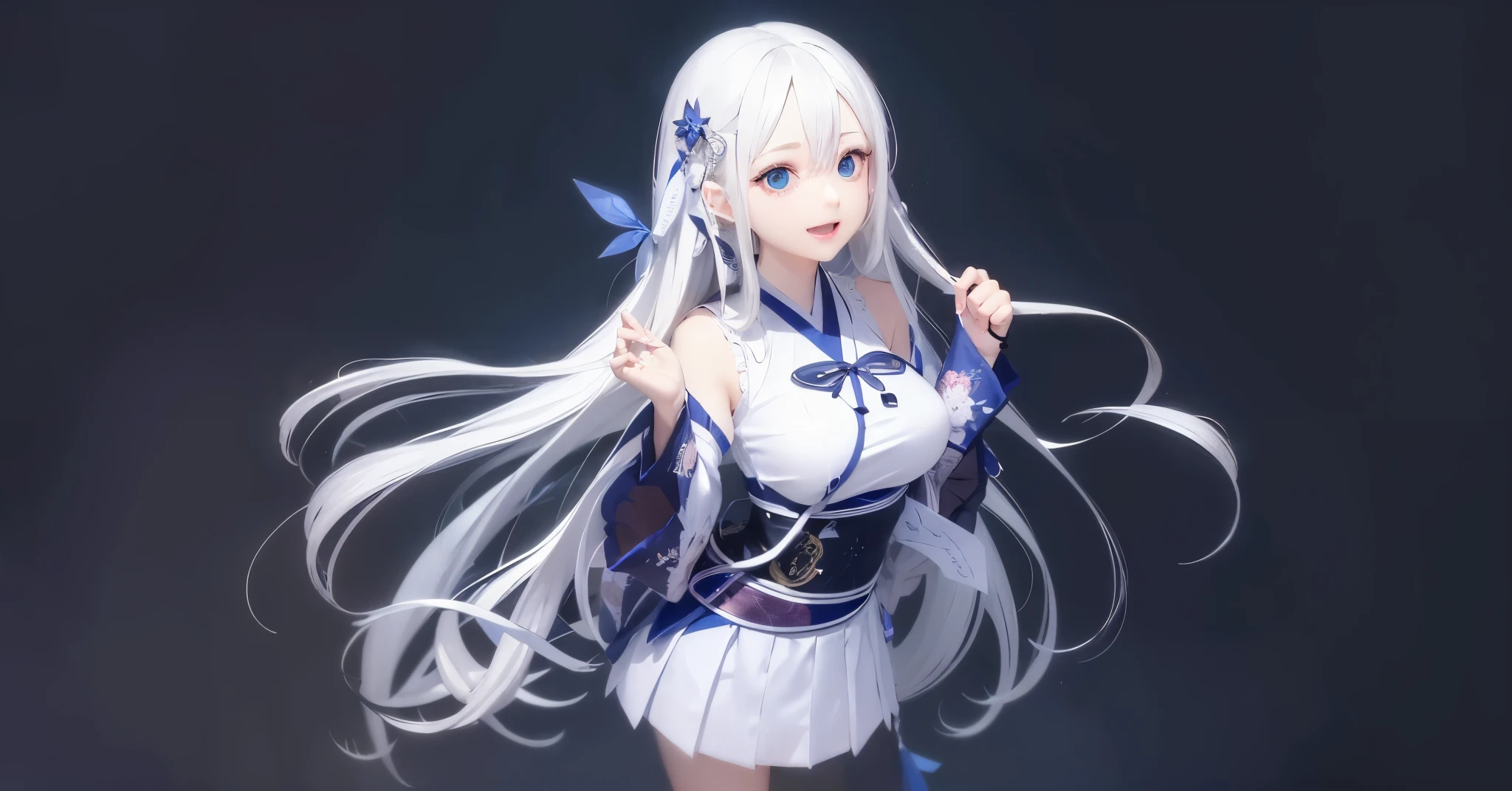 long whitr hair, White hair,long whitr hair, White hair, japan manga style , White skin of the, with her mouth open, eBlue eyes, objects on breast, s delicate face, Precise hands,4K,tmasterpiece,clean backdrop, solid color backdrop