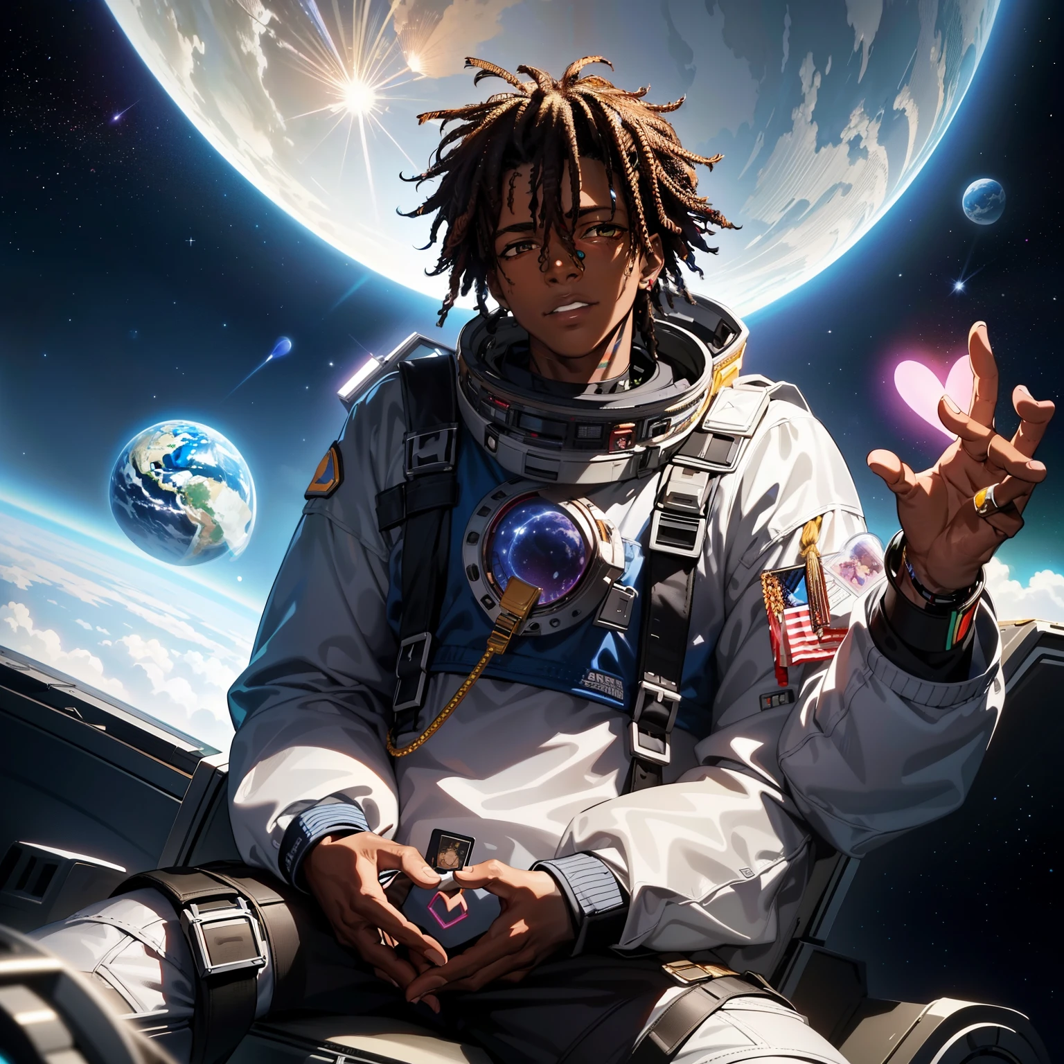 there is a man sitting in space  holding a heart, travis scott flying over earth, chief keef, official artwork, lil uzi vert, chief keef in the garden of eden, android jones and rhads, in space, afrofuturism anime, an astronaut giving a peace sign, official art, drifting in space, trippie redd, album art