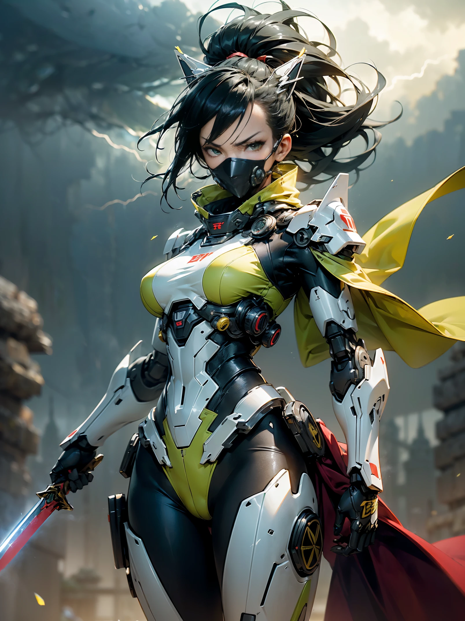 woman wearing ninja armor,(((Holds a sword tinged with wind in the right hand:1.3))),(((He holds a sword tinged with lightning in his left hand.:1.3))),(tactical open face mask:1.3),(green and yellow body:1.5),(sensually:1.4),(large full breasts:1.3),(long legged:1.1),(A detailed eye:1.3),(A detailed face:1.3),(Detailed weapons:1.3),(Detailed body:1.3),(full bodyesbian:1.5),((The background is thunder and wind:1.5)),((blur backgroun:1.3)),逼真,(((masutepiece,Extremely detailed, Heavy mechs, hard surface)))