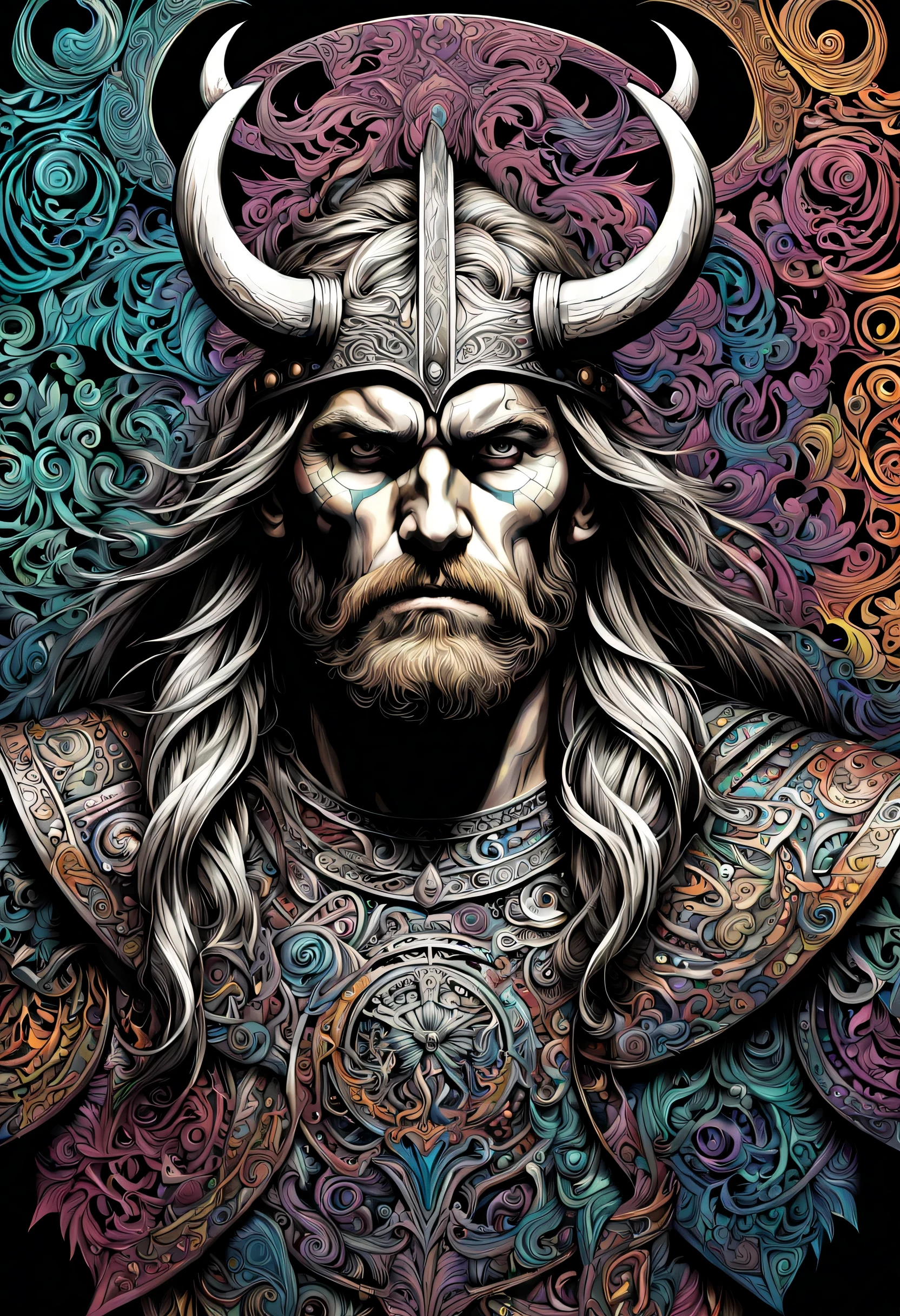 in psychedelic style a magnificent and detailed portrait of a viking warrior
