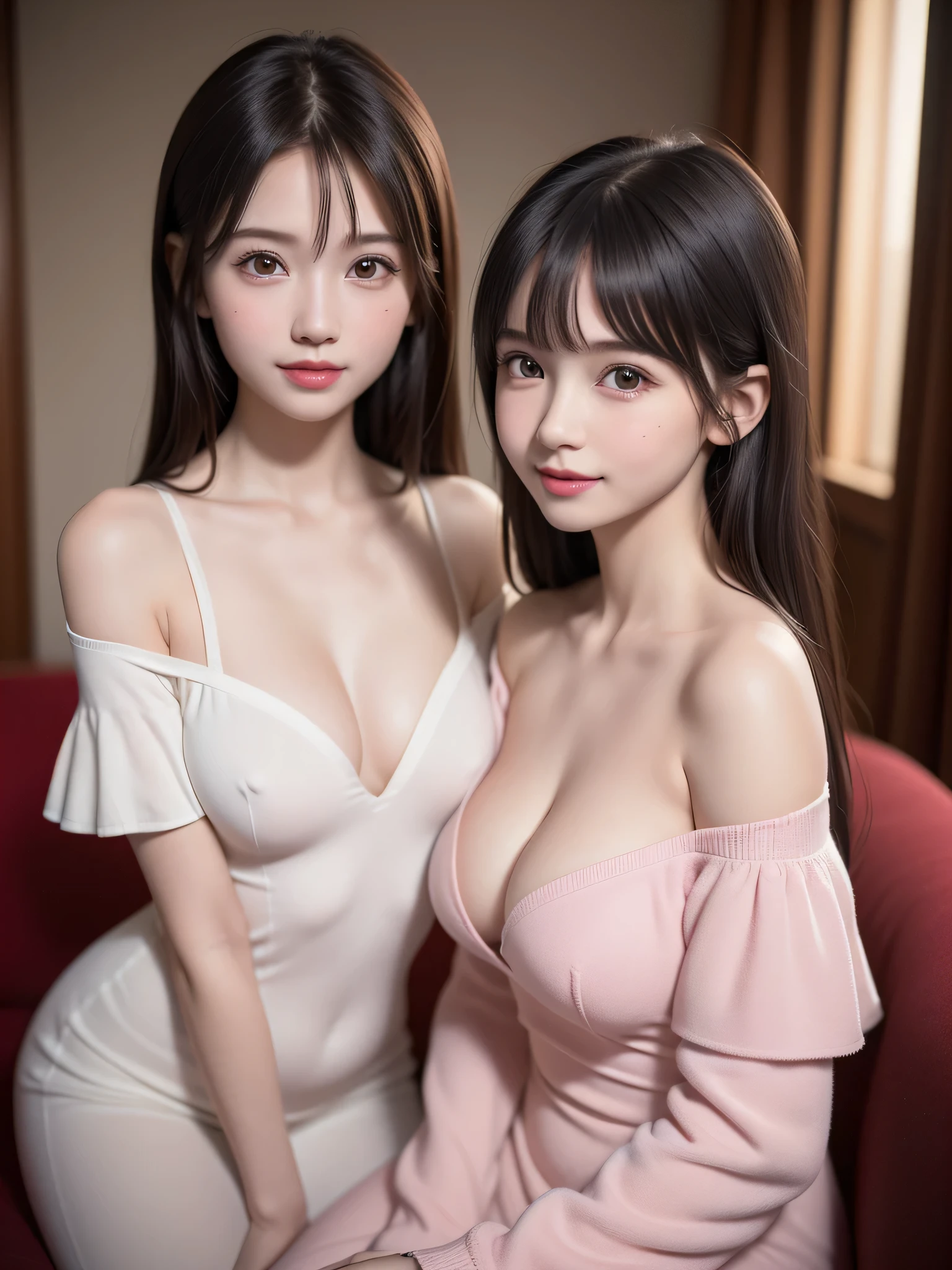 ((2 little girls:1.3)), (Ultra Realistic, hight resolution), (Highly detailed eyes, Highly detailed hair, Highly detailed face, Highly detailed plump lips), (off shoulder with open breasts), breasts, Upper body, Search Smile, (Best Quality:1.4), Raw photo, (Realistic, photo-Realistic:1.37), Professional Photography, Cinematic Light, (Fine face: 1.2), ((stuffed toy)),