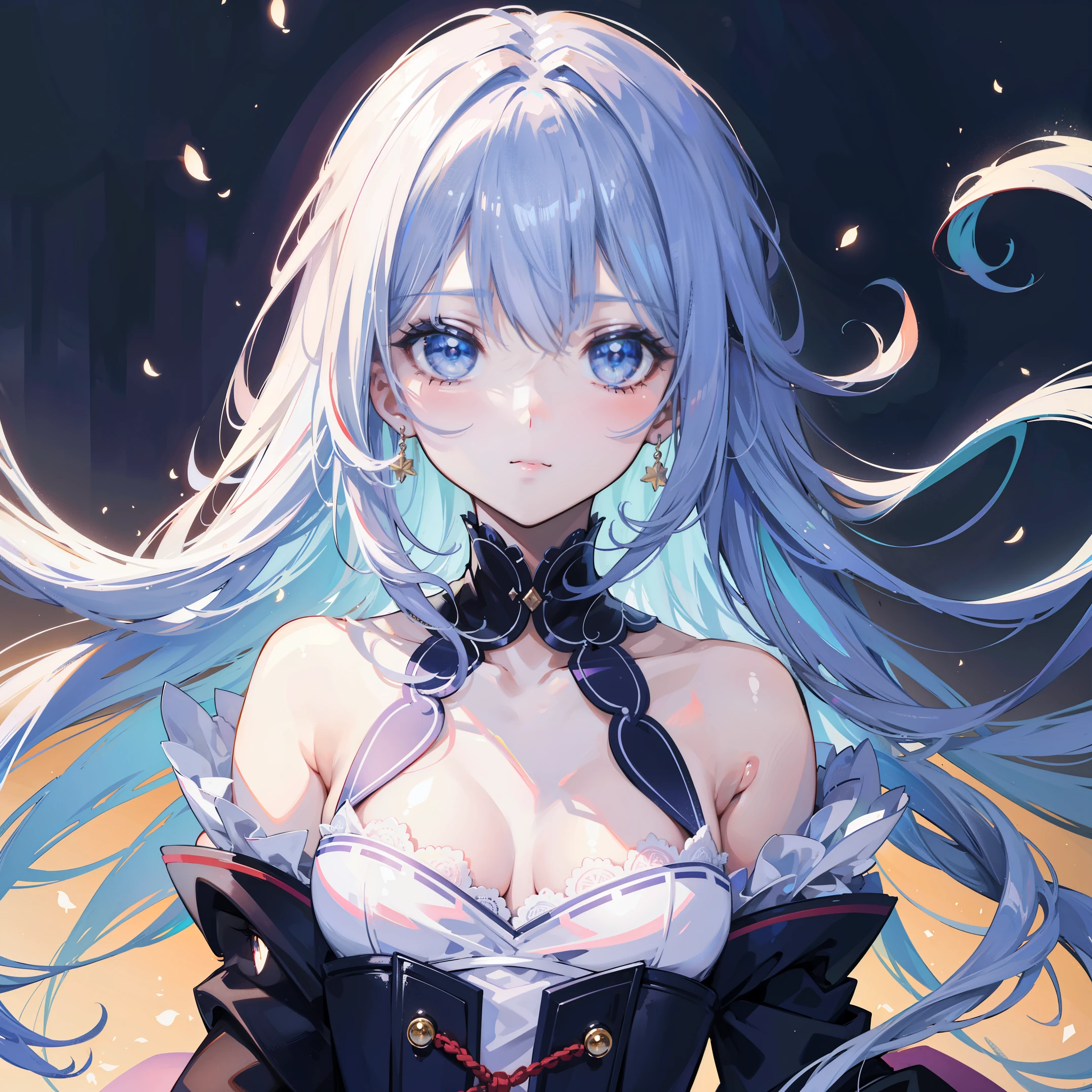 1 girl,Depp's Sense,confused,catch light,Super beautiful illustration,(blue hair,long hairstyles:1.6),turn around,eye shadow,(white clothes,Gothic ta),Upper body,;d,beautiful and delicate flowing hair,delicate and detailed blue eyes,emphasized chest,big breasts
