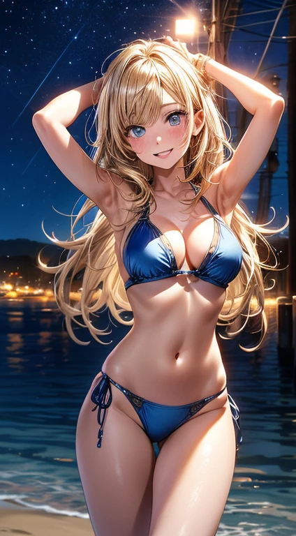 High resolution 8K, Bright light illumination, lens flare, sharpness, masterpiece, top-quality, The ultra - high-definition, high resolution, extremely details CG, Anime style, Film Portrait Photography, 1woman, sexy, arms up, smile, Beautiful Women, full body, (((Blue eyes, Straight hair, Golden hair, Long hair))), woman wearing Micro blue bikini, High-waist Blue bikini, Woman in the night beach, Night sky, (Natural skin texture Vibrant details, hyper realistic)