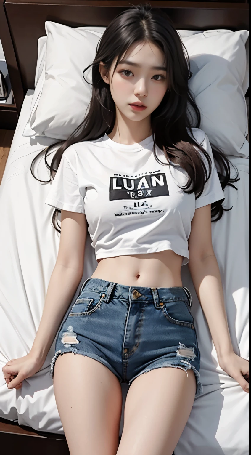Sexy girls in "Unreal Grafix", text on the good and tight denim skirt posing for photo, full bodyesbian, Wear yours with a cropped T-shirt, the good, , slim, Smaller bust circles, slim的女孩模型, sweating body, Wet with, 24 years old female model, long whitr hair, Sleeping on the Bed,