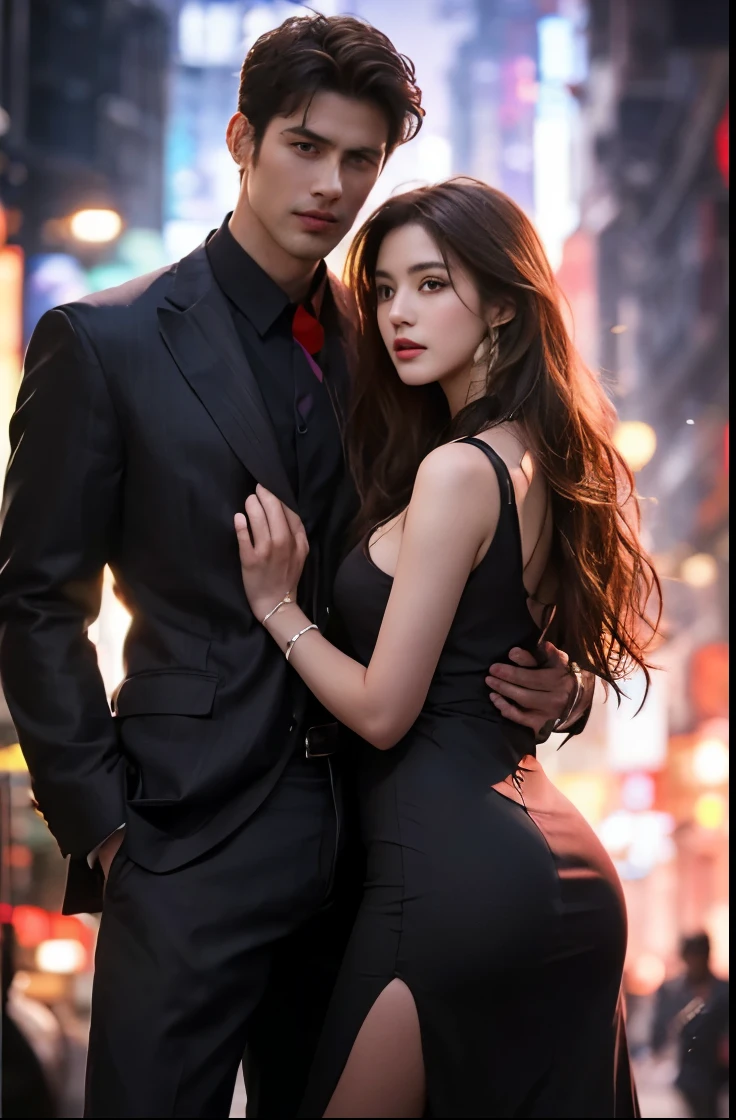 A man and girl,primitive, Masterpiece, ultra fine photos, Best quality, Ultra-high resolution, Realistic, Sunny, full-body portraits, Amazing man, Dynamic posture, exquisite face, Vibrant eyes, Very detailed background, Detailed face, detailed tidy background, Gorgeous, High detail skin, Realistic skin details, Visible pores, Clear focus, volume fog, 8K UHD, Digital SLR, High quality, filmgrain, Fair skin, Realism,(((Handsome man and beautiful girl:1.4)))