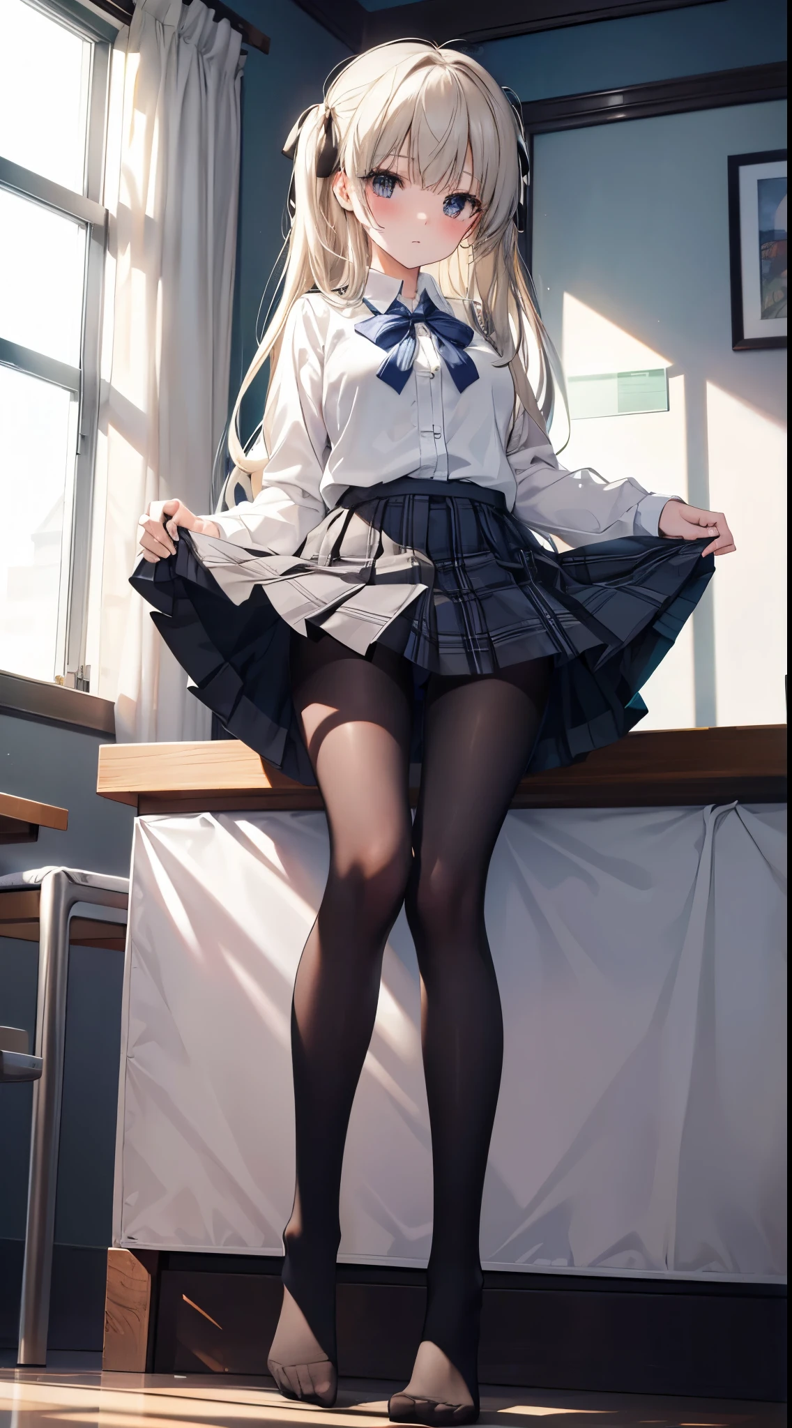 Finest, masterpiece, high definition, (full body), frontal, symmetrical, mature high school girl, solo, (full body from head to toe), small breasts, long hair, slightly messy hair, (black tights), ( (black pantyhose), black pantyhose, (composition where she is made to sit and lift her legs and make her legs open), (bound arms, arms behind back), composition showing white panties, slender beautiful legs, a very beautiful **************** (not wearing shoes) legs), blushing, shy big eyes, messy hair, looking at camera, showing white panties, white frilly lingerie, high school uniform blazer, high school uniform White blouse, high school uniform with blue ribbon, high school uniform with short plaid pattern and navy pleated skirt, yuusaki riko