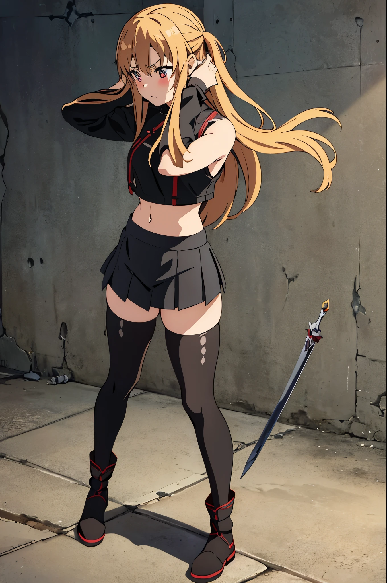 1woman, brunette hair, sword art online asuna face, hair covering right eye, blushing, ripped up spaggethi strap crop top, pleated black ripped skirt, shredded black thigh-highs, ((zettai ryōiki her leggings)), all destroyed and ripped off clothing, no shoes, dungeon background, ryona, beat up girl, fom above