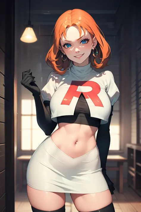 annette_war ,glossy lips, light makeup, eye shadow, earrings ,team rocket,team rocket uniform, red letter r, white skirt,white c...