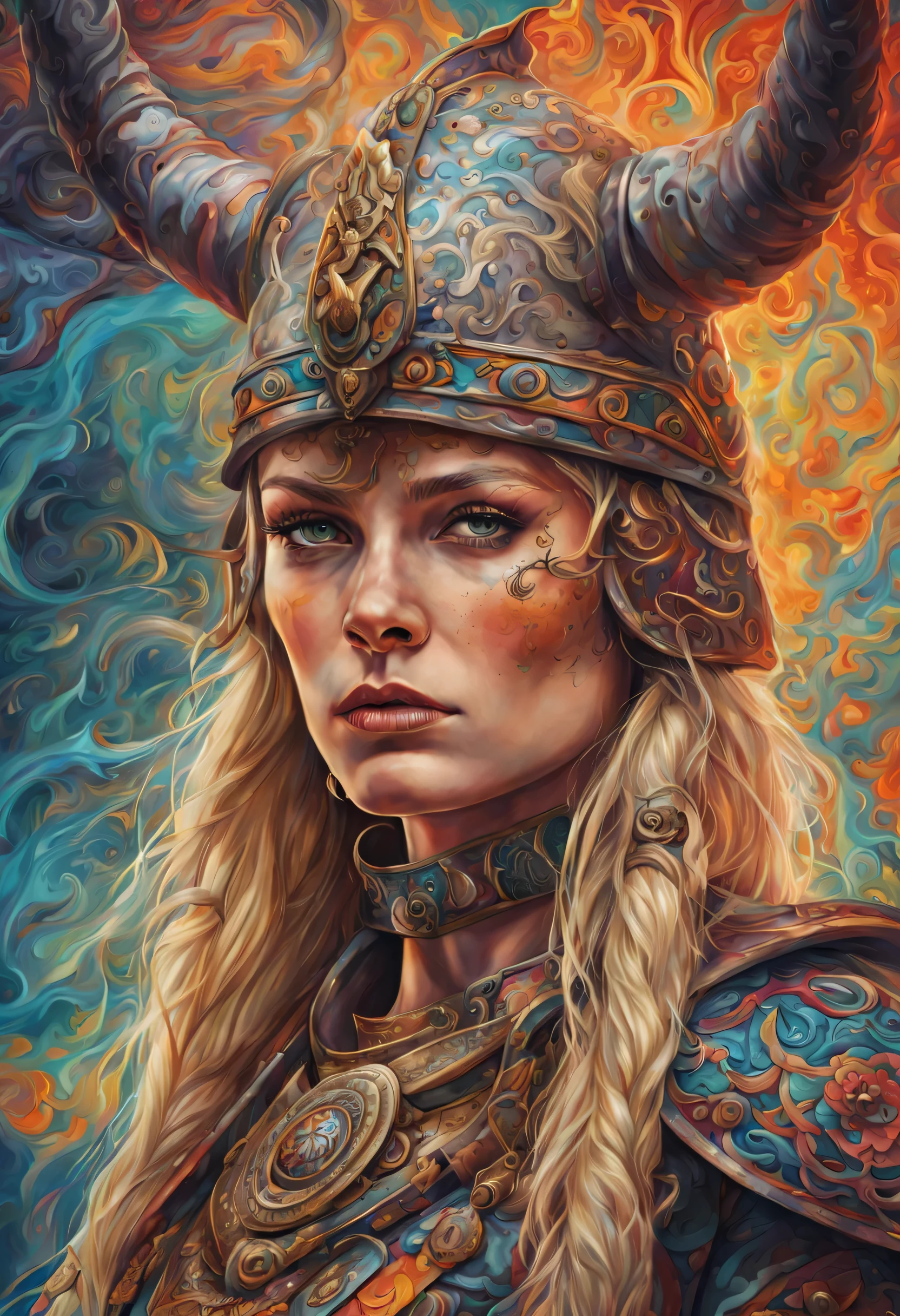 in psychedelic dusted and multicolored style a magnificent and detailed realistic portrait of a women viking warrior