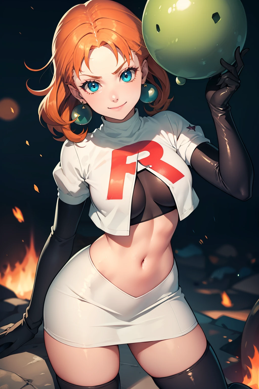 annette_war ,glossy lips, light makeup, blue eye shadow, green ball earrings ,team rocket,team rocket uniform, red letter R, white skirt,white crop top,black thigh-high boots, black elbow gloves, evil smile, sexy pose