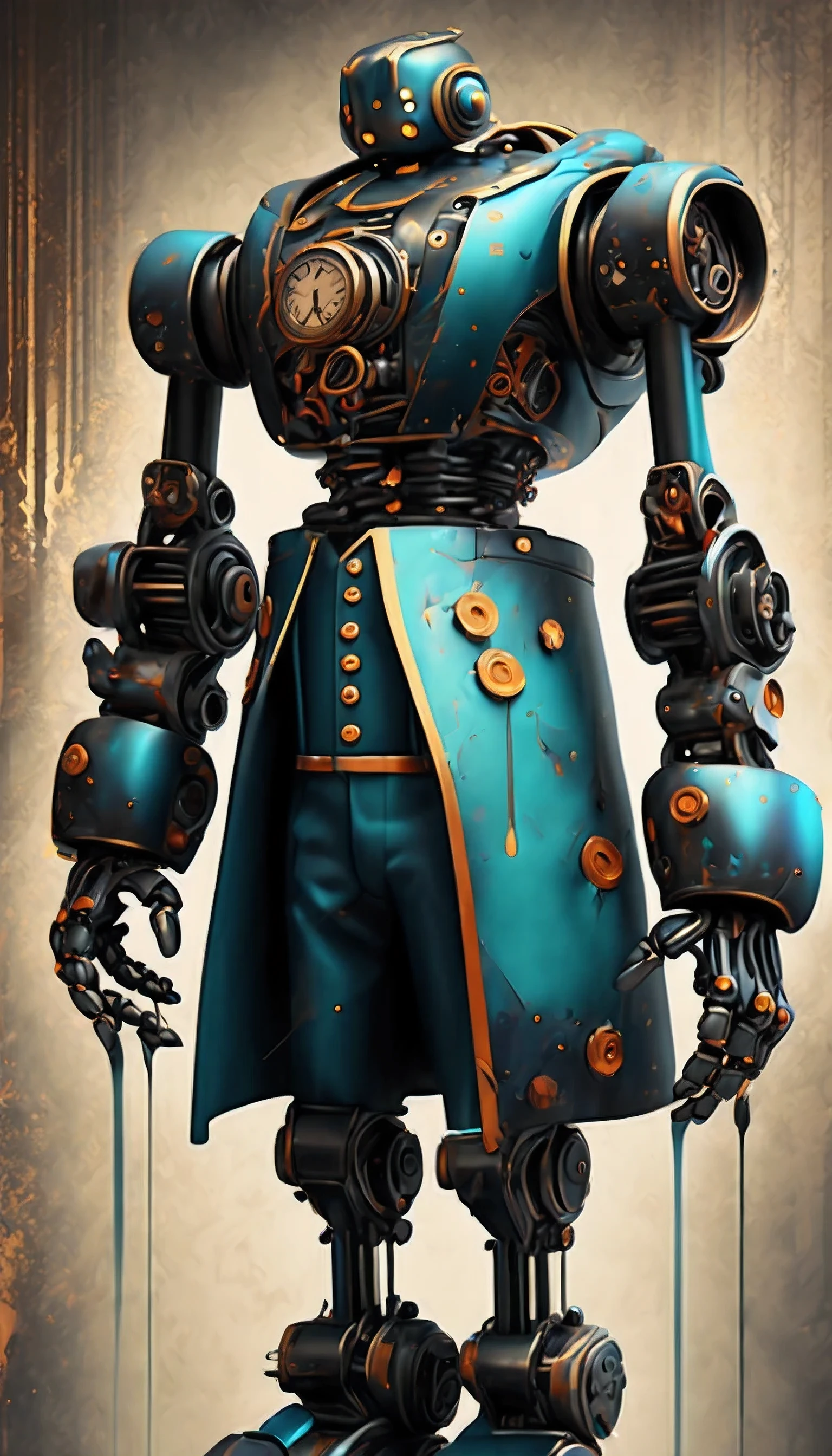 Robot Butler with Mechanical Engineering Profile, steampunk tie, detail soft shadow, Mechanical face with an ennui atmosphere, Mechanical decorative cane with one hand, frombelow, Mechanically with intricate and insane details, About the intricately detailed butler uniform, subtle lighting elements, cool beauty mechanical, Full body shot, From Side, nice cyber butler outfit, An atmosphere of beauty like a finely honed blade, very fine shadows, drizzle doodle background, eternal time clock, It feels like the wind of eternity, Lonely atmosphere, dim white lighting, street art graffiti inspiration, Eyes that show sadness, brave expression, darkest twilight, Detail of darkest core oil paint illustration, ultra clear details, very clear texture, complex brush strokes, High quality, High resolution, of the highest quality,