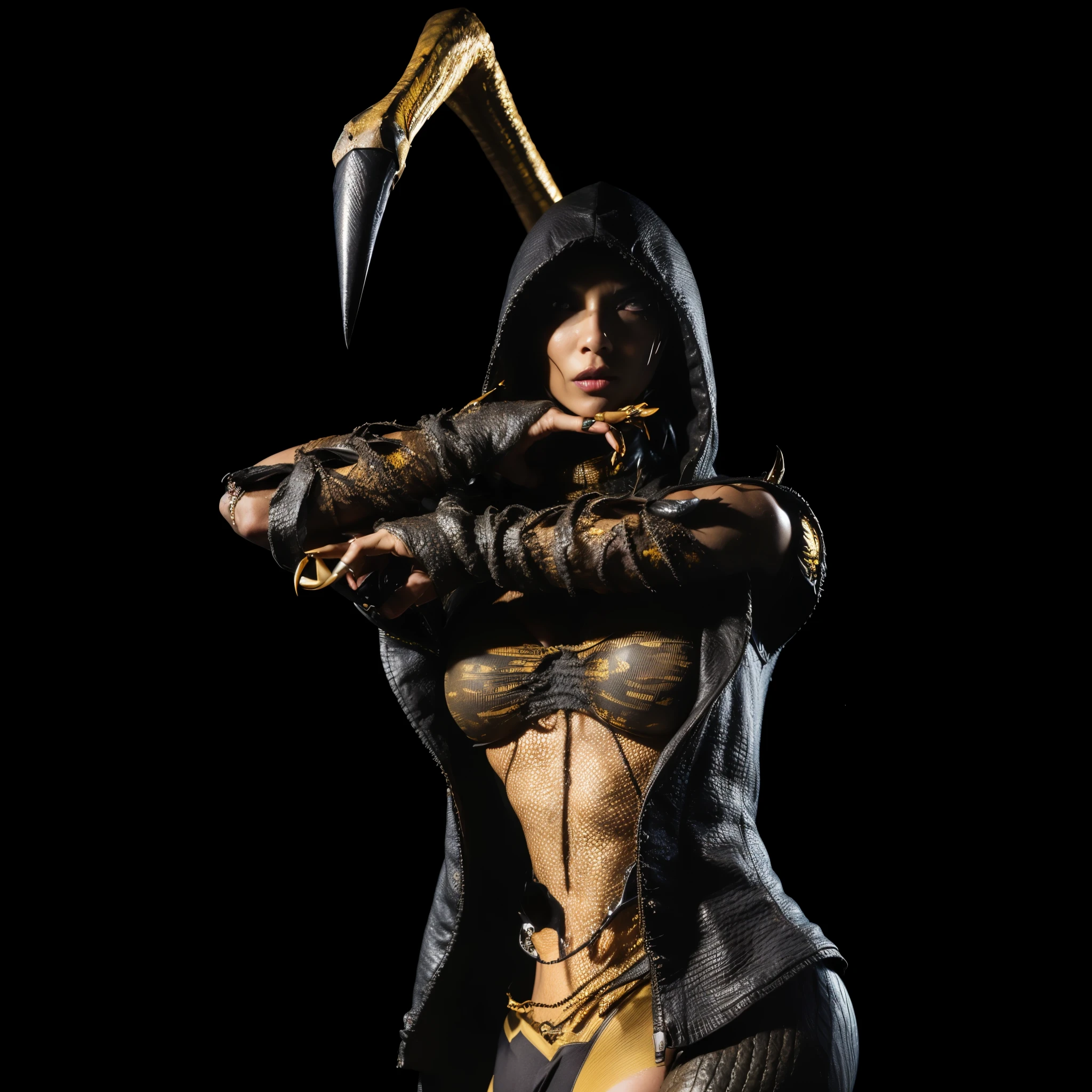 (masterpiece),(best quality:1.0),(ultra highres:1.0), D'Vorah, monster girl, mortal kombat, yellow skin, sexy girl, detailed beautiful, face focus, worn hood , black bra, skinny,claws, wallpaper 8k, makeup,full body