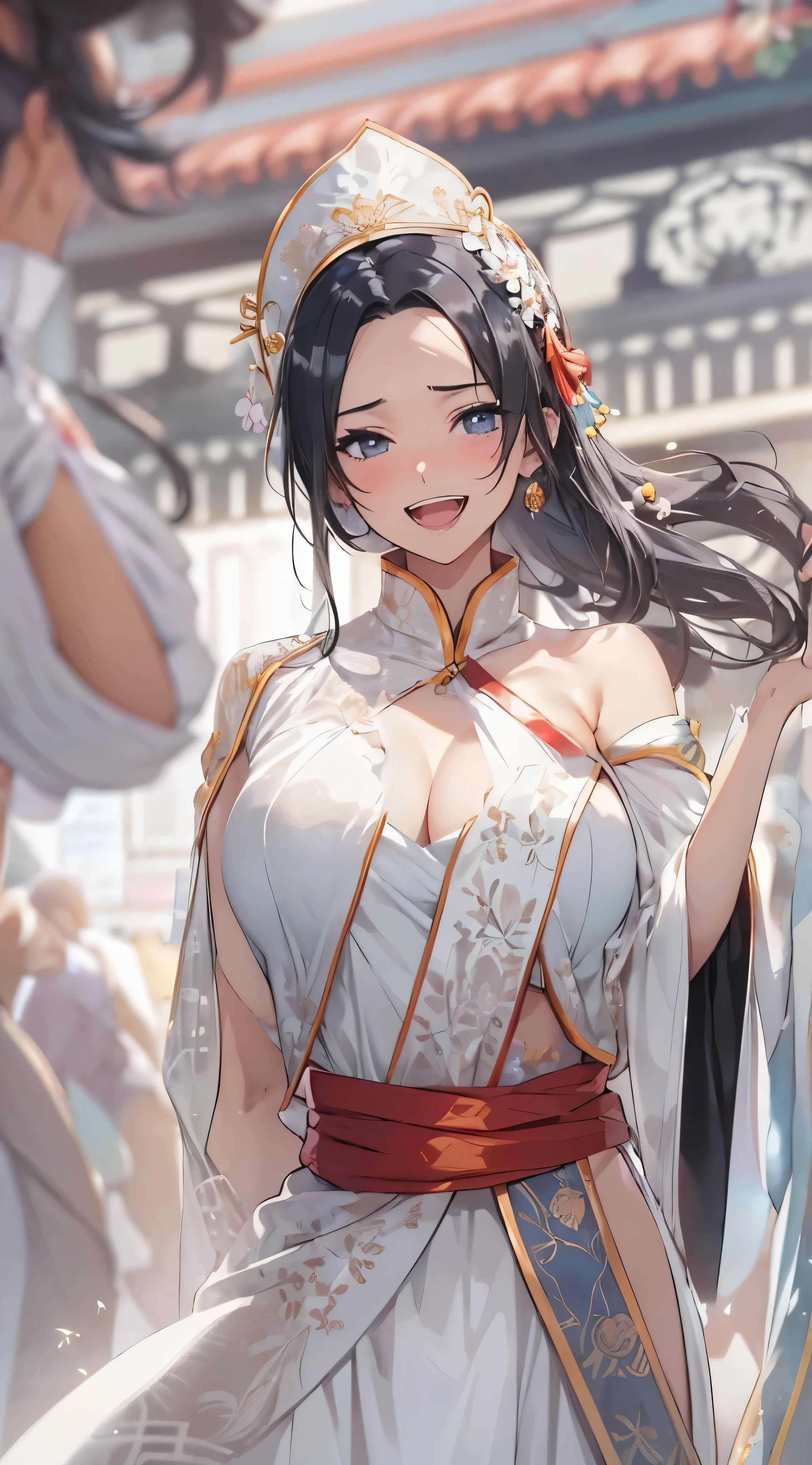 1womanl,Black hair,14years ,(()),Beautiful breasts,(((sexy white shiny cheongsam)))(())(((Blushing cheeks、Smile with open mouth)),(((Satin Narico))),((( portlate))),Crowds,White china clothes